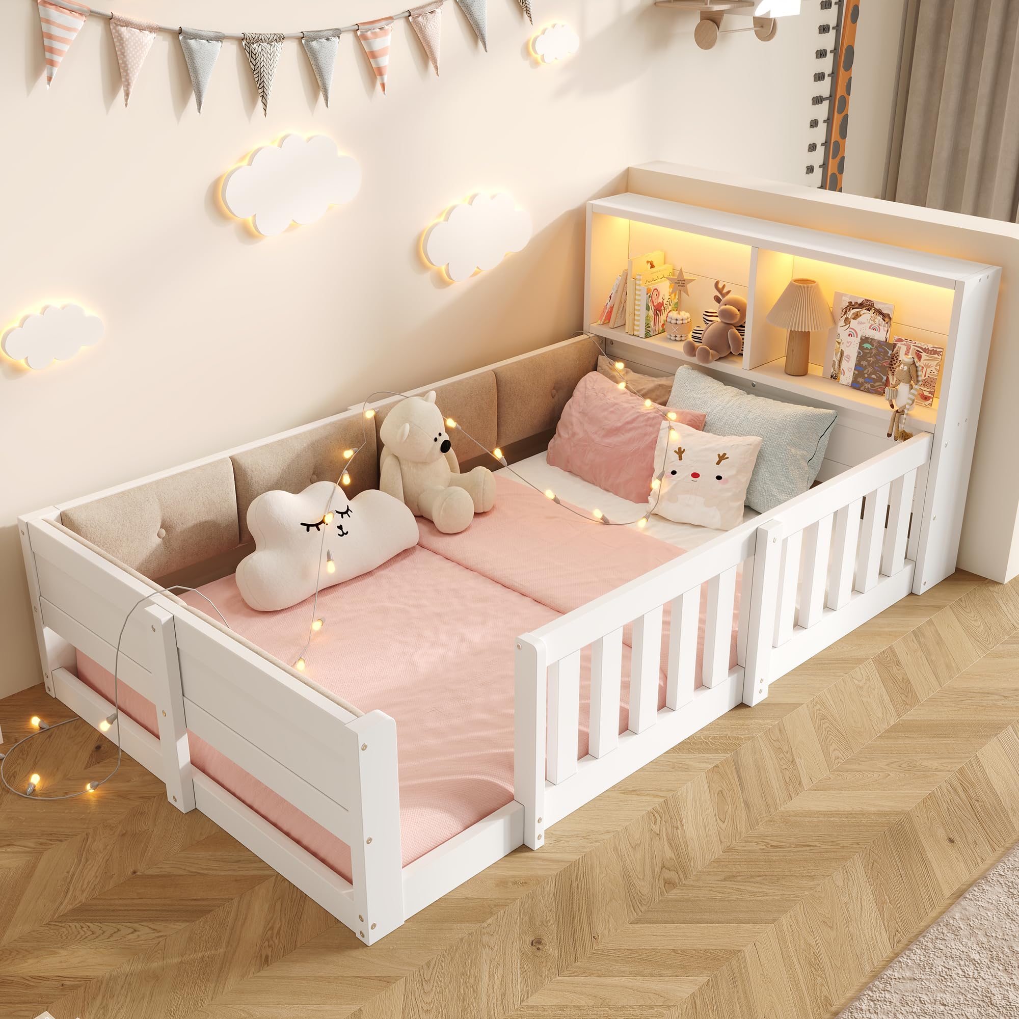 Kebnor Letto piatto a sbalzo, 90 x 200 cm, con griglia laterale, senza materasso, stile minimalista, con barra luminosa a LED, bianco