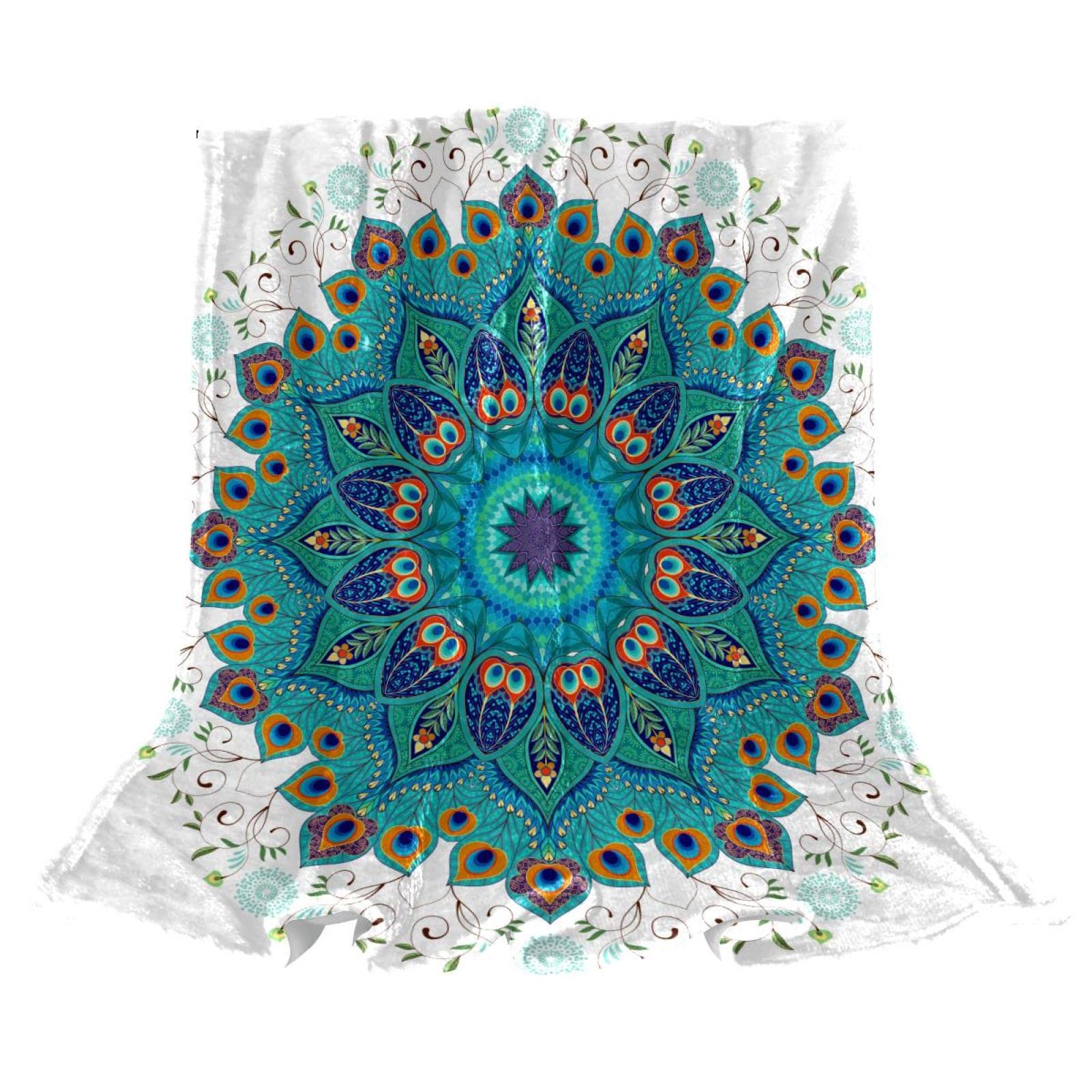 Couverture polaire plaid lit canapé chambre mandala ethnique plume paon turquoise