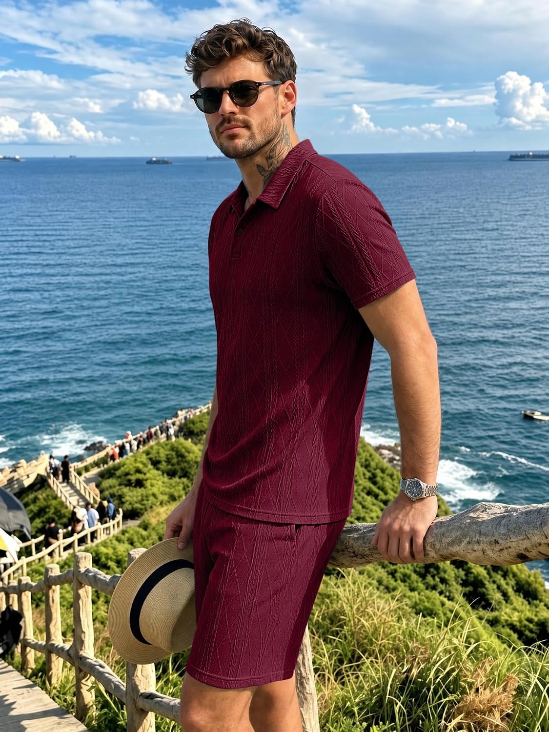 JMIERR Mens 2026 Casual 2 Piece Outfits Lounge Sets Jacquard Knit Short Sets Golf Short Sleeve Outfits for Beach Vacation