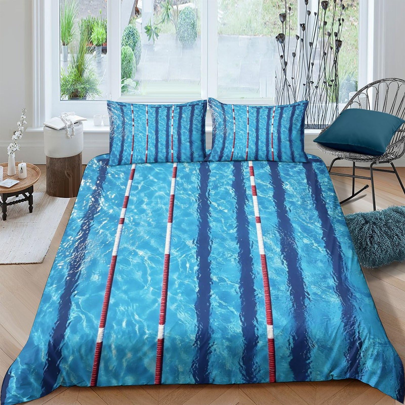 Ctjqhvkz Style-3 3D Printed Swimming Pool Lane Fitted Sheet Microfiber Blue Water Stripe Mattress Cover Anti-Slip Washable For Bedroom Decor Single（135X200cm）