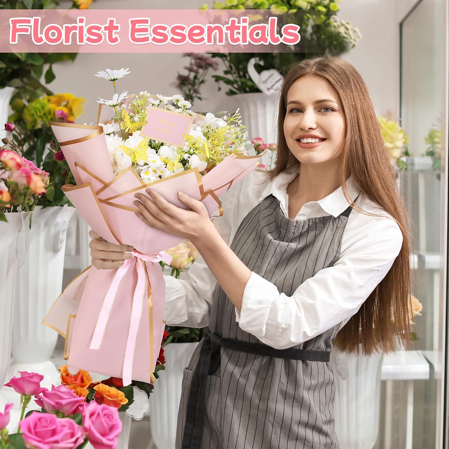 woric 93 Pcs Flower Bouquet Wrapping Paper Kits, 20 Sheets Waterproof Floral Wrapping Paper 10 Greeting Cards 12 Butterfly 50 Flower Pins 1 Roll Ribbon for Graduation Birthday Party Favor