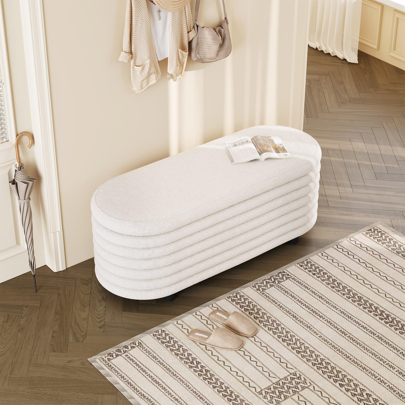 Guyii Sitzbank mit Stauraum aus Lammfellimitat – Beige Polsterbank fürs Schlafzimmer, Bettbank & Bank mit Stauraum – Weiche Sitzbank Schlafzimmersitzbank, Polsterbank mit Stauraum modern