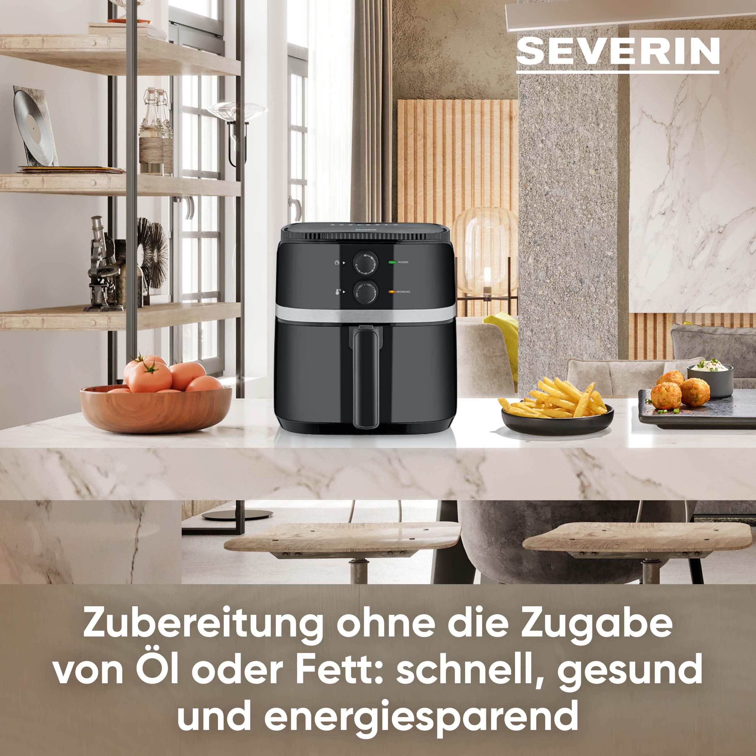 SEVERIN Heißluftfritteuse mit 5 Liter Garraum, Heißluft Fryer für gesundes Kochen, Fritteuse ohne Fett mit antihaftbeschichtetem Frittierkorb, 1500 W, schwarz/silber, FR 2452