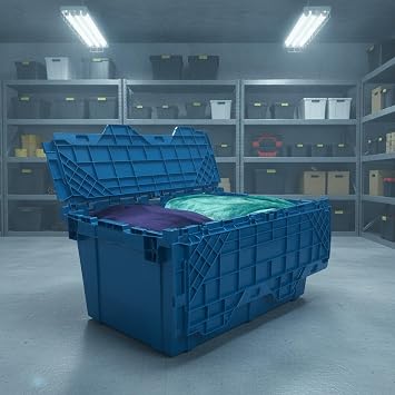 Storage Plastic Tote Crate Attached Lid, 27x16.9x12.5, Blue, 1 Pack