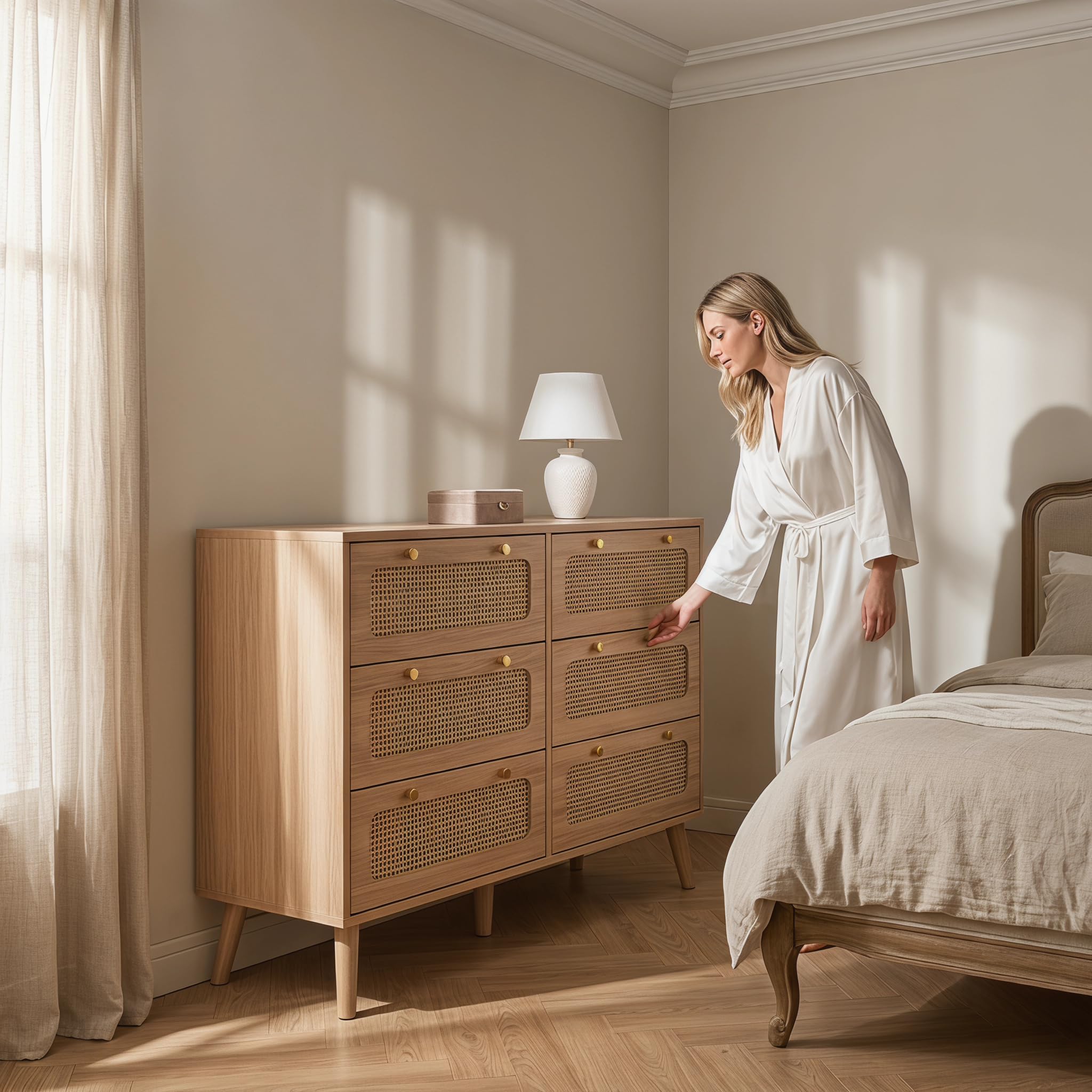 Cassettiera in rattan naturale con 6 cassetti in rattan, in legno, 100 x 34 x 73 cm, moderna per ufficio, soggiorno e camera da letto