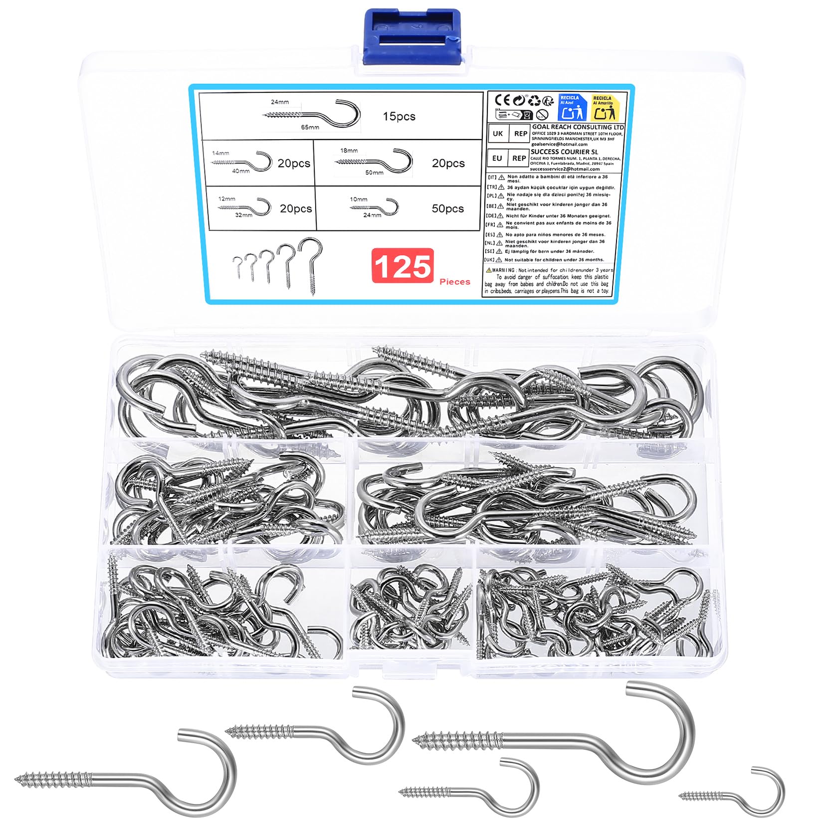 125 Pcs Screw Hooks for Hanging Hook, Metal Screw-in Hooks for Garden Lights, Ceiling Cup Hook Heavy Duty for Hanging Plants Keys Cups Kitchen Cabinet Home Indoor Outside Lights(5 Sizes)