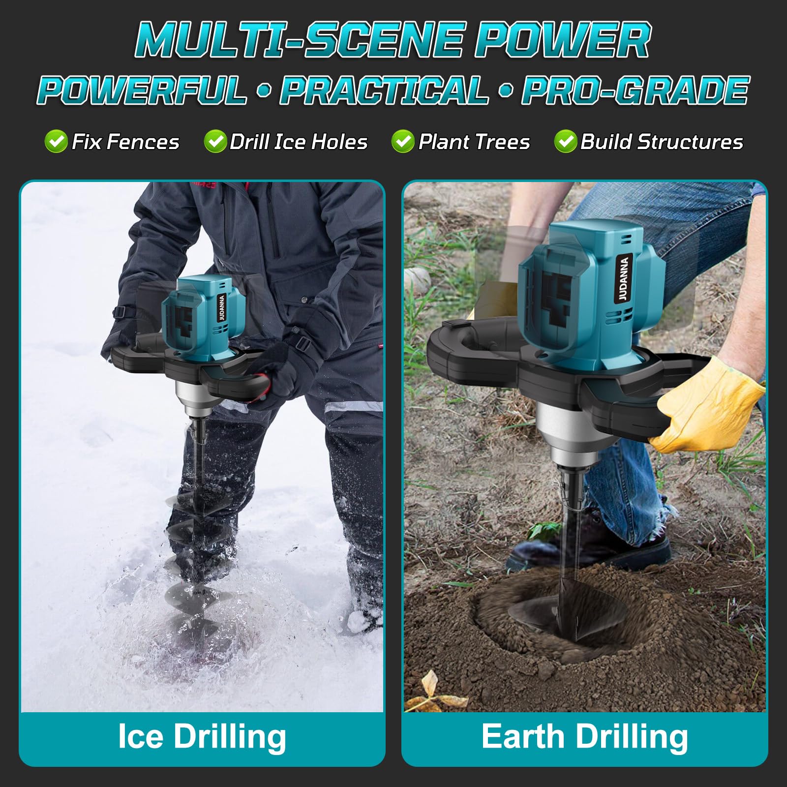 Professional Akku-Erdbohrer für Makita 18V Akku (ohne Akku), Erdlochbohrer | Pfahlbohrer Bürstenloser Motor für Gartenbau/Pfahlsetzung, Kompatibel mit 20 mm gemahlenen Bohrerbits, Eisbohrbits,