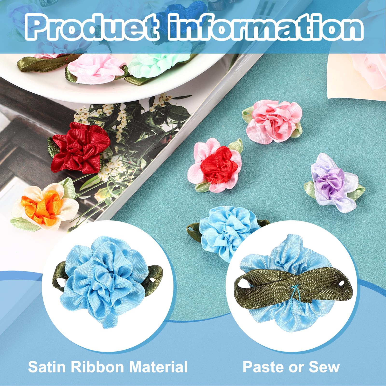 PATIKIL 1 Inch Ribbon Flowers Bows for Crafts 40 Pack Mini Satin Roses Flowers Small Fabric Flower Heads DIY Sewing Appliques for Gift Wedding Bride Ornament Blue - Image 3