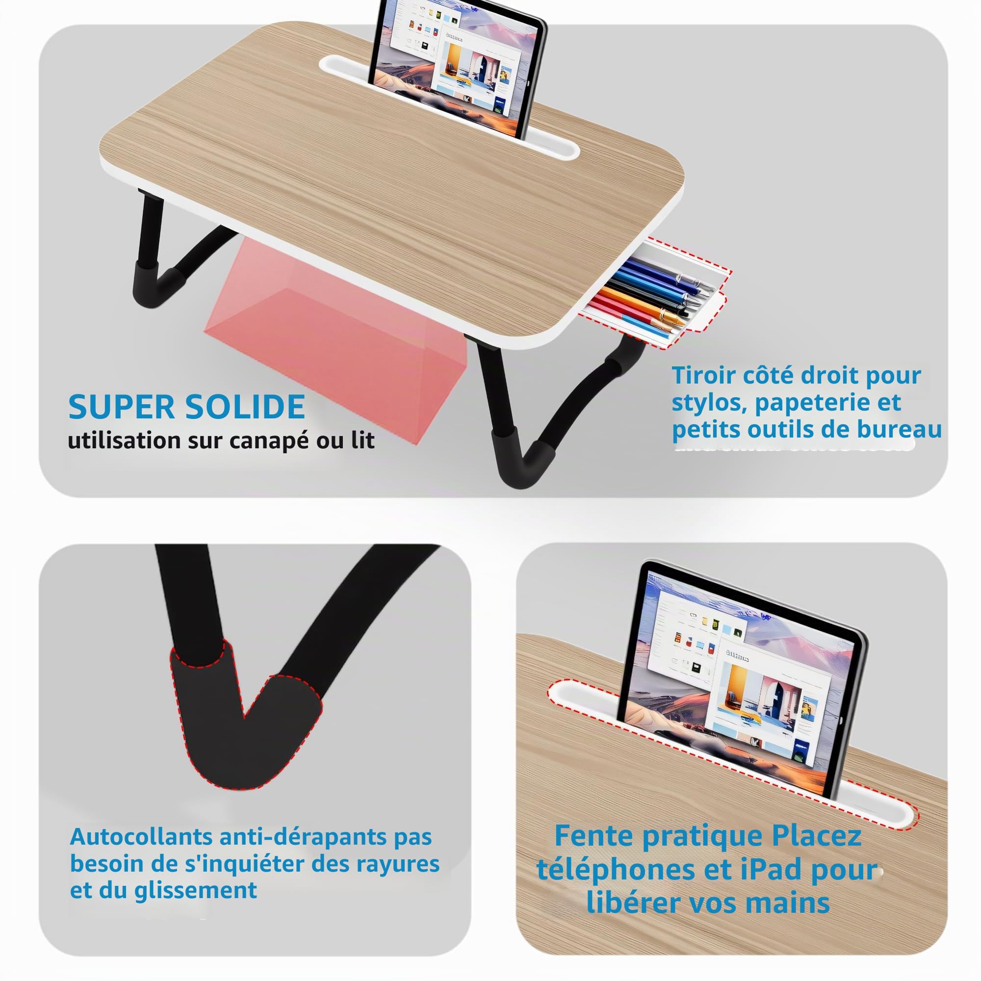 Table de lit - Petit Bureau de Genou 48 x 30 cm pour Petit-déjeuner au lit, études, Travail de Bureau, Jeux, écriture et Lecture. Table Plateau Support d'ordinateur Portable (Small Wood 48x30)