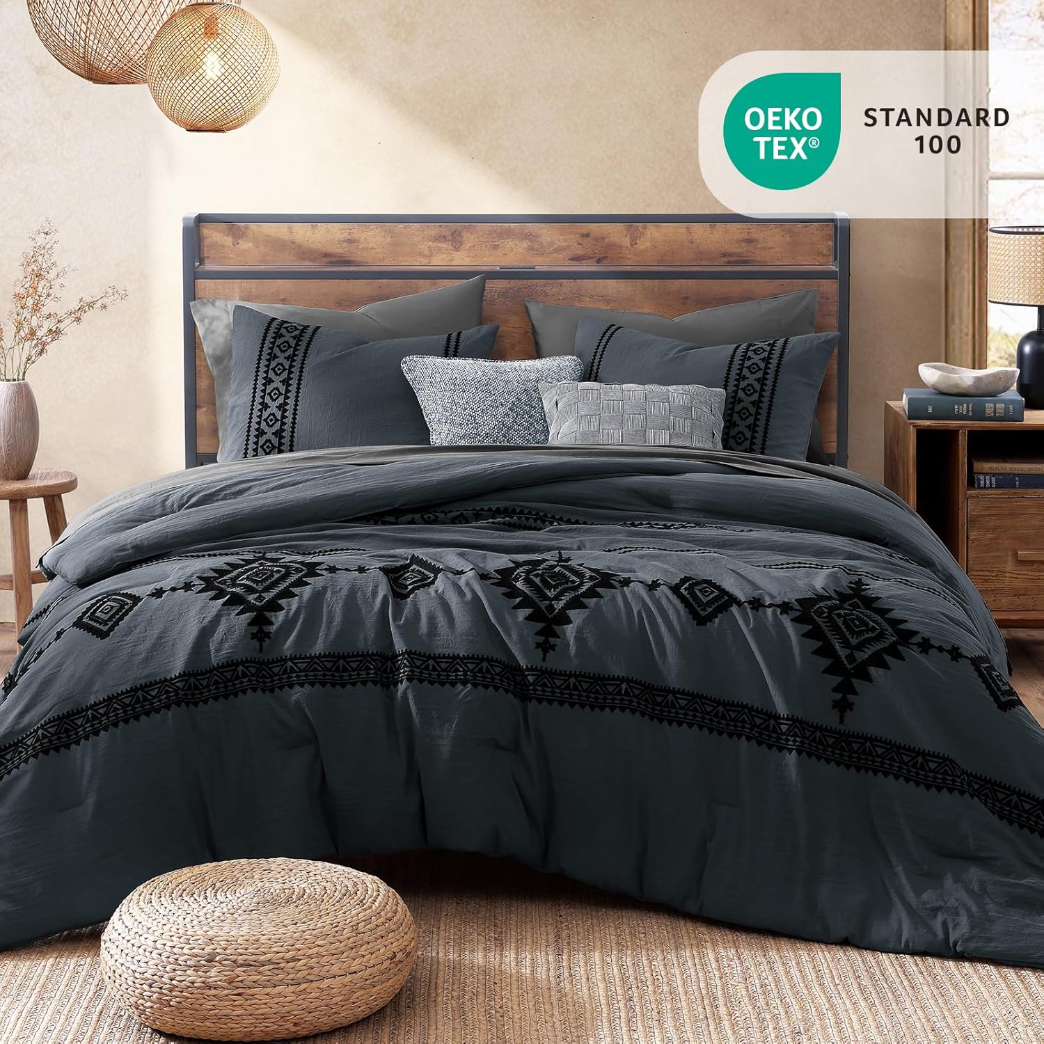 MaiRêve Embroidery Queen Size Comforter Set Blue Grey, Boho Farmhouse Western Bedding Set 7 Pieces, All Season Bed in A Bag Comforter Set with Sheets, Pillowcases & Shams - Image 2