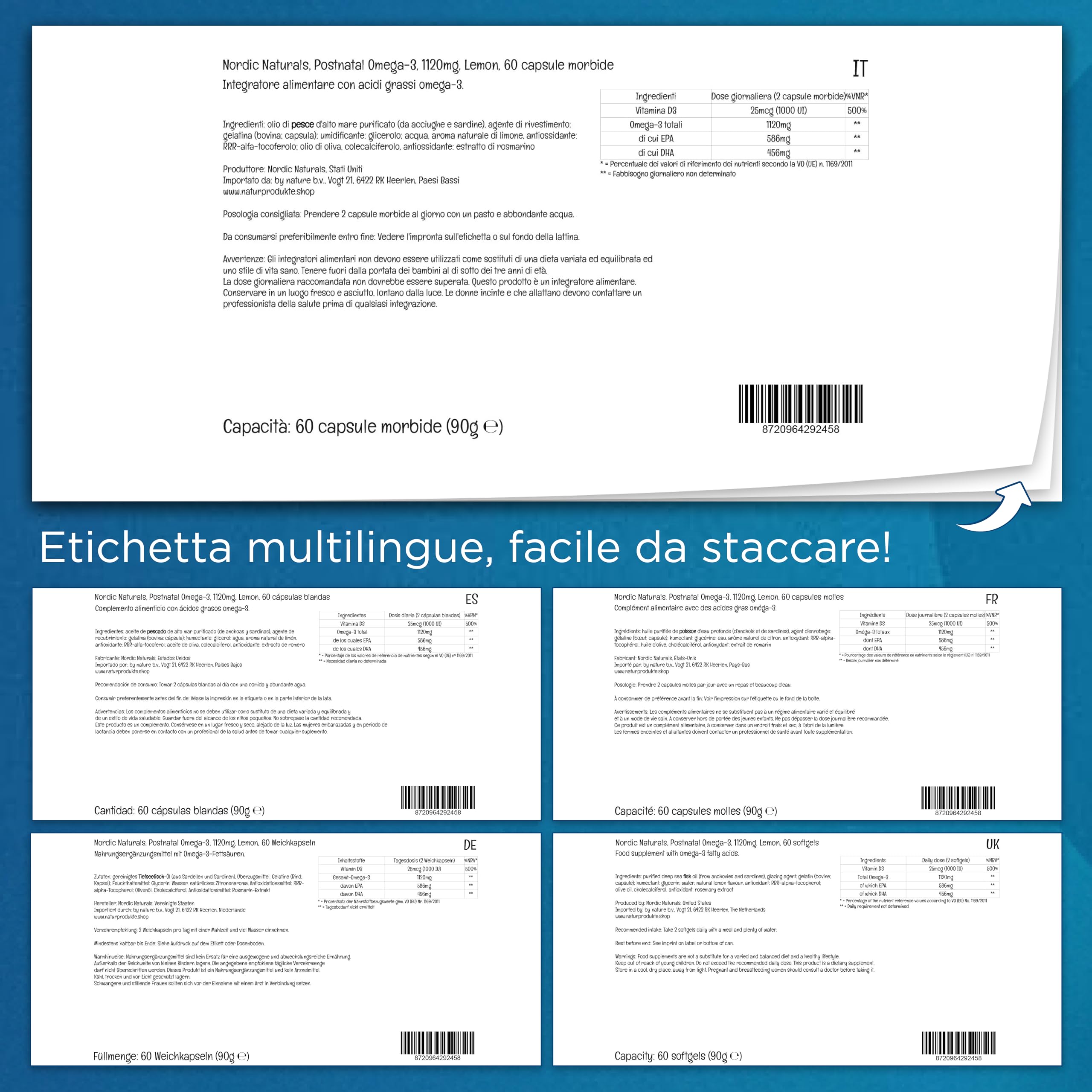 Nordic Naturals, Postnatal DHA, 1120 mg di Omega-3 con EPA, DHA e Vitamina D3, Altamente Dosato, Gusto Limone, 60 Capsule molli, Testato in Laboratorio, Senza Soia, Senza Glutine, Non OGM
