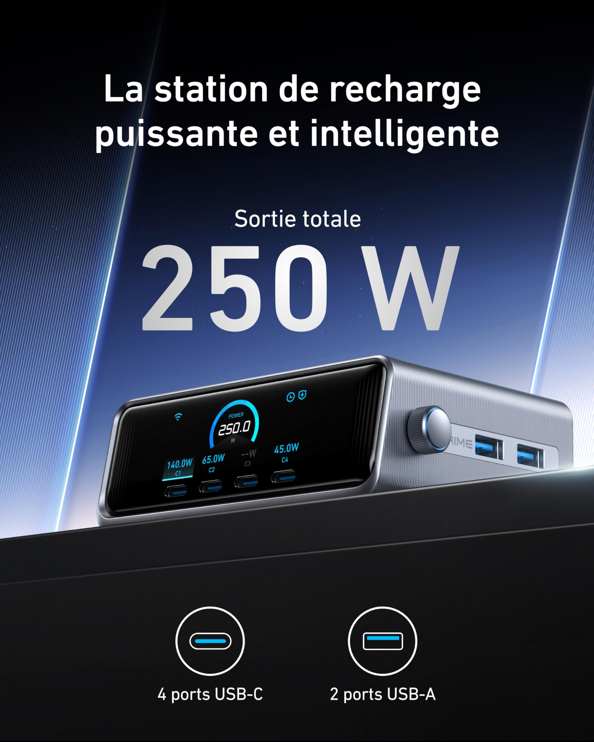 Anker Prime Chargeur USB C 250 W, Station de Recharge ultra-rapide 6 Ports GaN, écran LCD 2,26", Molette de Contrôle Intelligente, MacBook Pro/Air, iPhone 17/16/15, Pixel, Galaxy, Apple Watch, et plus