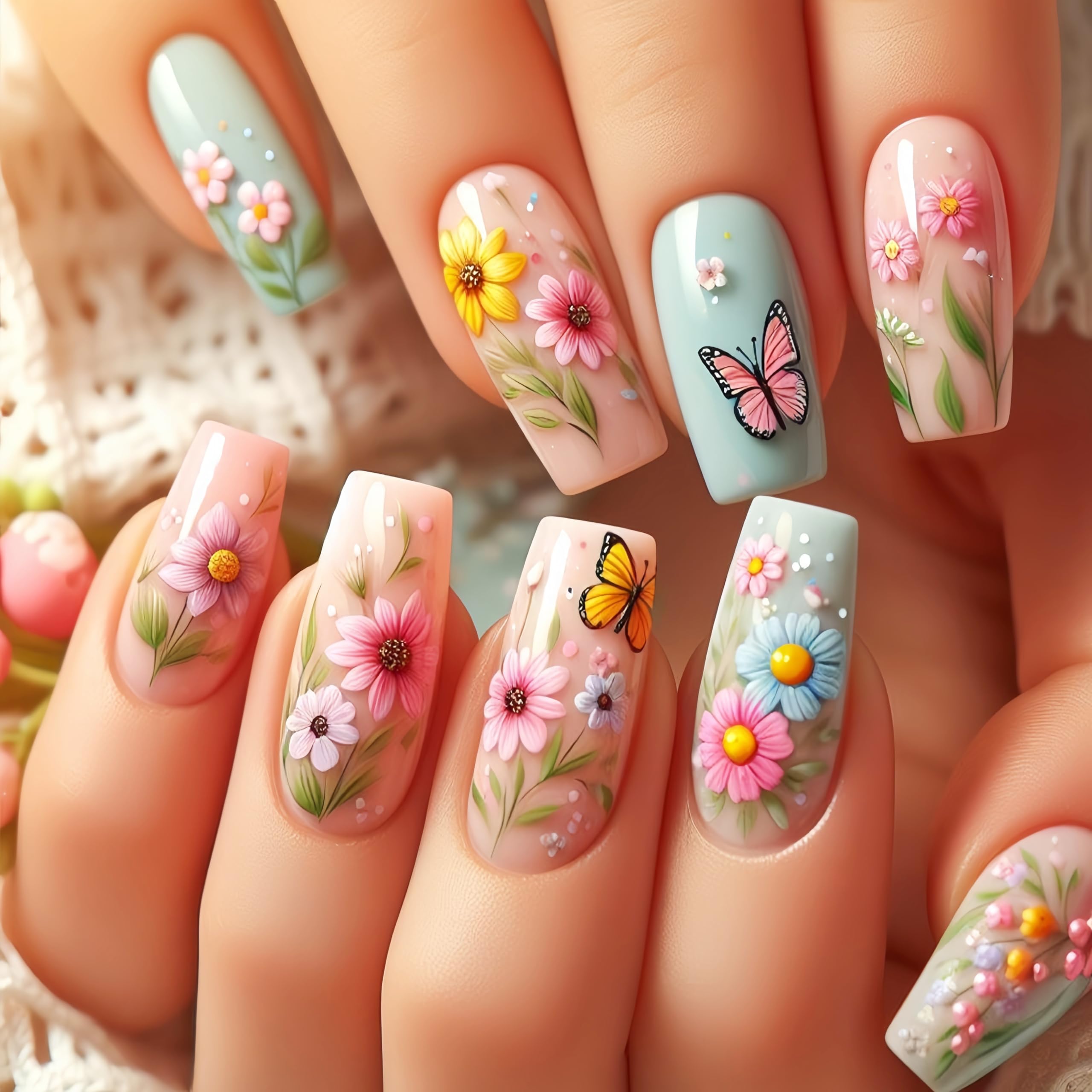 Quezadyl Spring Summer Flower Press-On Nails, 24 Pcs, Multicolor, Square, Glossy, Full Cover, Plastic, Butterfly Pattern