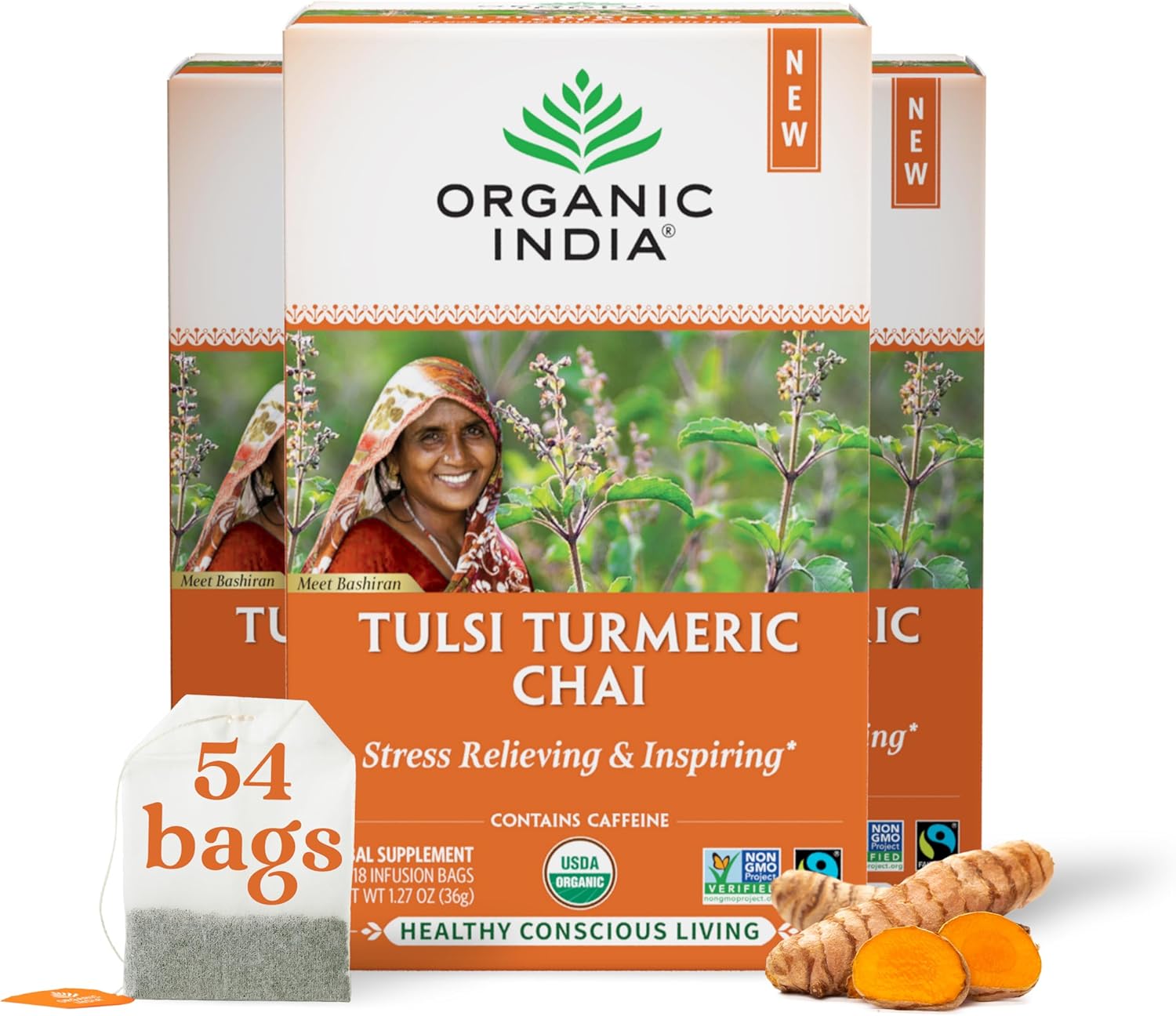 ORGANIC INDIA Tulsi Turmeric Chai Tea - Herbal Tea Bags with Caffeine, Ginger Root, Cinnamon, Holy Basil, Stress Relieving and Energizing, Immune Support, Helps Digestion - 18 Count, Pack of 3