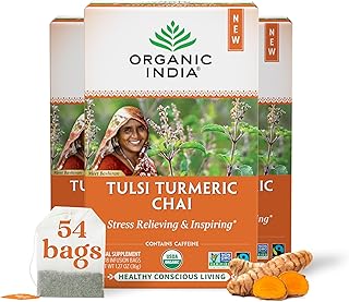 ORGANIC INDIA Tulsi Turmeric Chai Tea - Herbal Tea Bags with Caffeine, Ginger Root, Cinnamon, Holy Basil, Stress Relieving and Energizing, Immune Support, Helps Digestion - 18 Count, Pack of 3