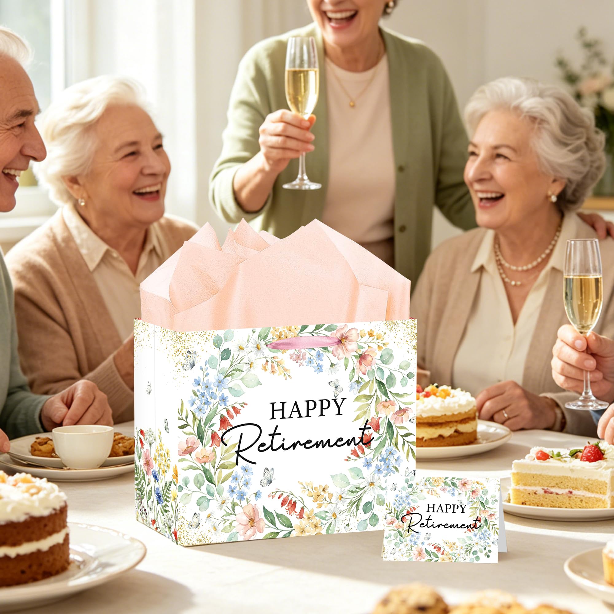 MOIZYNG Retirement Gift Bag with Handles, Tissue Paper and Greeting Card, Floral Happy Retirement Wrapping Paper for Men Women Office Coworker Farewell Going Away Party Favors