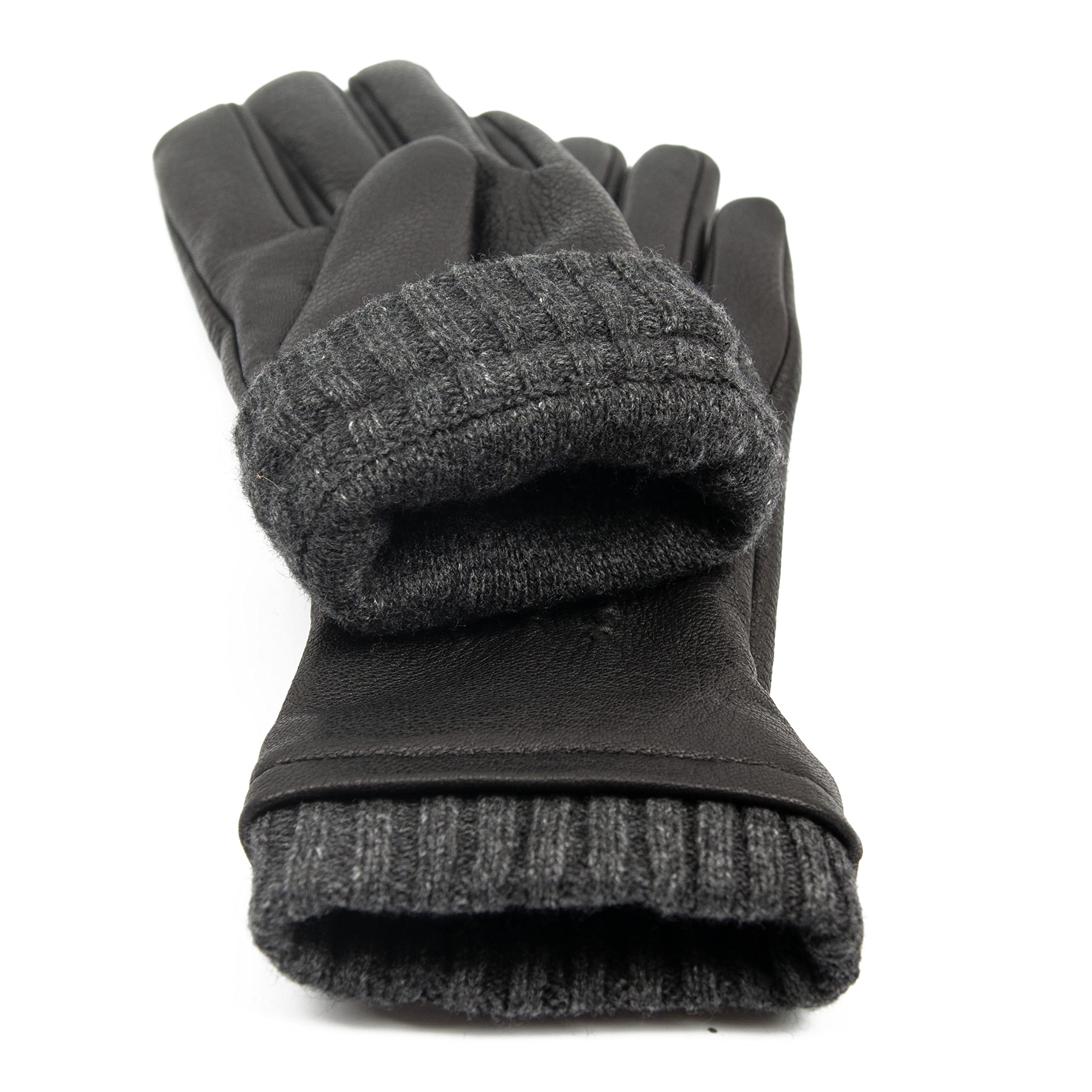 Exklusive Hirschleder Damen Lederhandschuhe mit Kaschmir-Fütterung, lang geschnitten mit Strickstulpe, Sportlicher Look, Hirschlederhandschuhe, warm, gefüttert