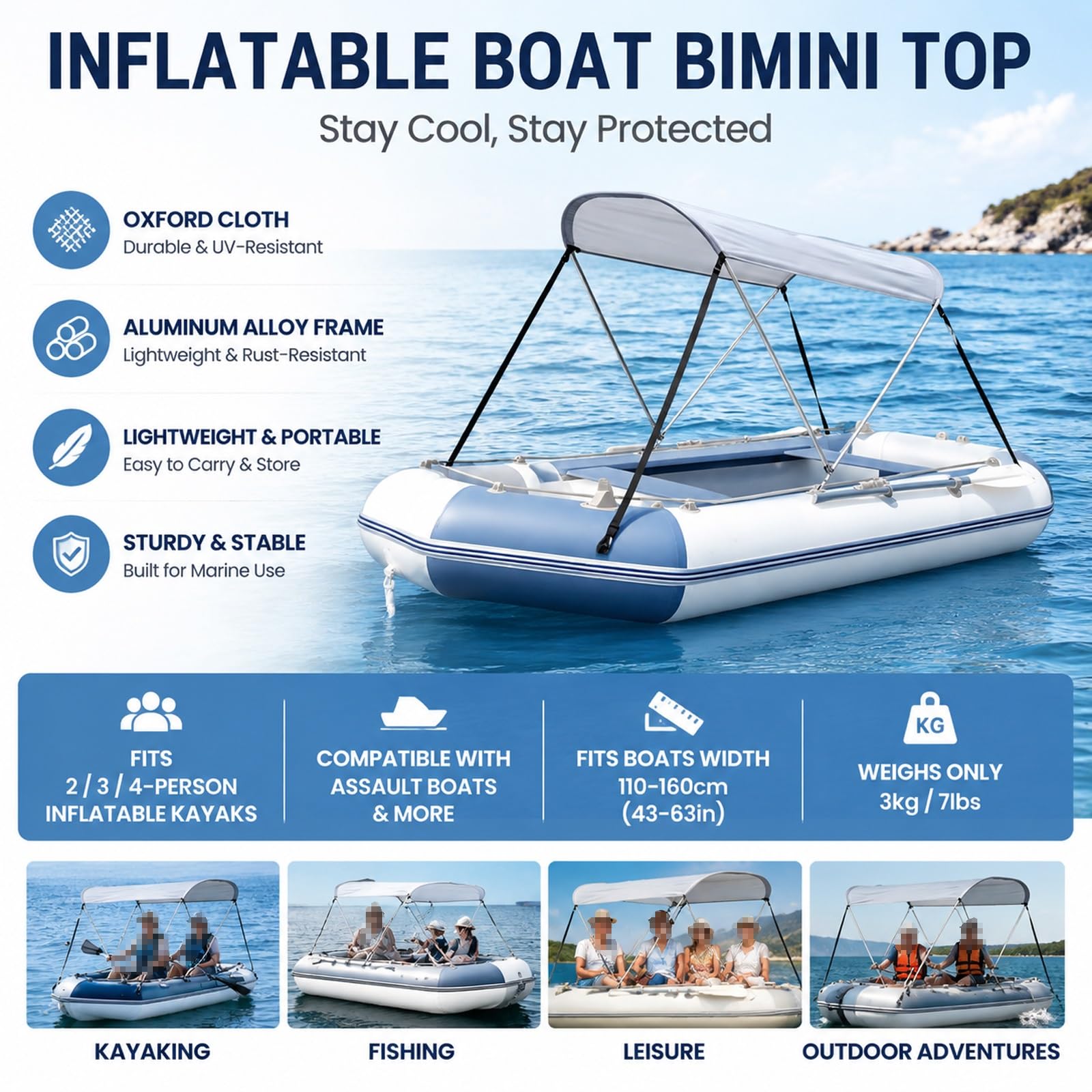 Tendalino Barca 2 Archi Larghezza 110-160cm Tendalino Gommone | Tessuto Oxford 600D, Lega di Alluminio, Leggero 3 Kg, per Kayak, Pesca e Tempo Libero, Adatto a Barche da 110 a 160cm
