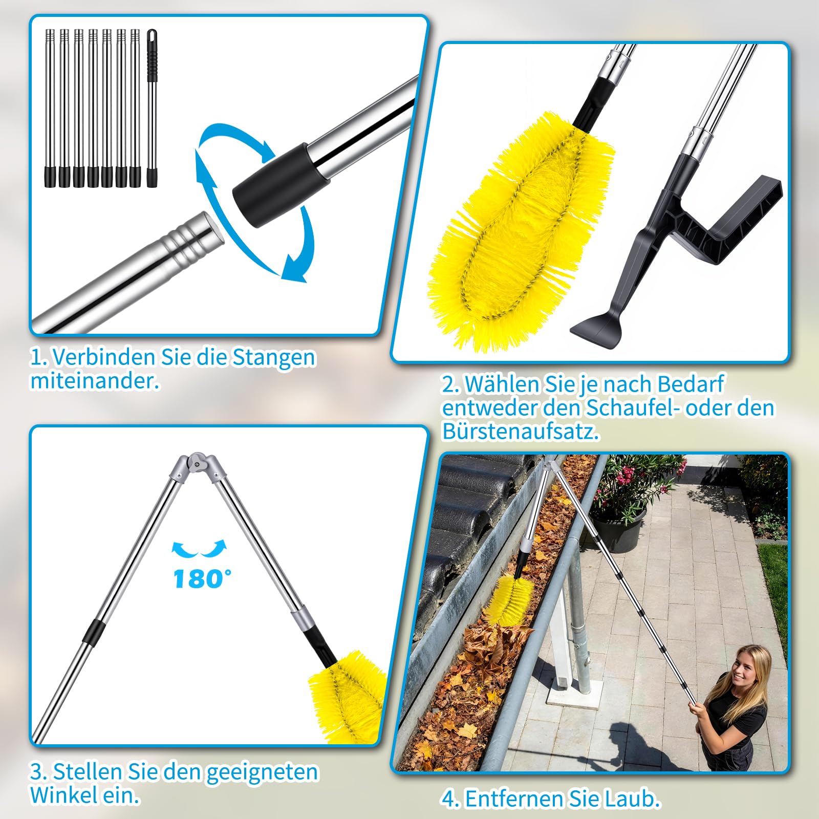 Hysagtek Limpiador de canalones – Limpiador de canalones de 4 m con mango telescópico, cepillo para canalones con cabezal giratorio de 180°, de canalones y jardines, no requiere escalera