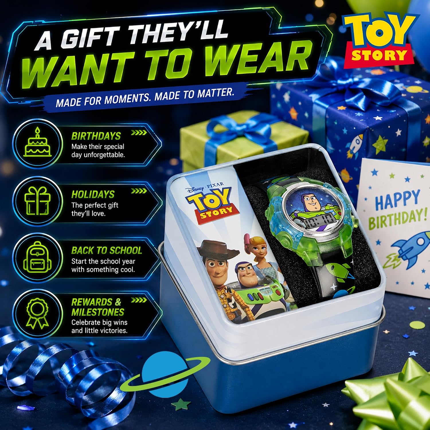 Disney Pixar Toy Story 4 Buzz Lightyear Kids Flashing LCD Watch with Colorful Light-Up Dial, Durable Case, Space-Themed Strap – Perfect for Ages 4+ Boys and Girls – Fits Wrists 5.5" to 8"