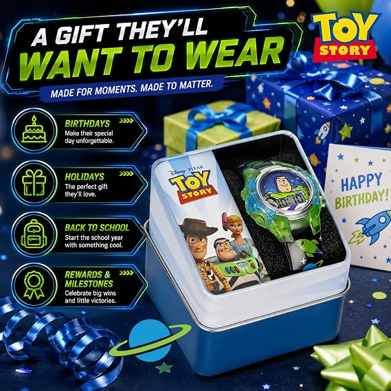 Disney Pixar Toy Story 4 Buzz Lightyear Kids Flashing LCD Watch with Colorful Light-Up Dial, Durable Case, Space-Themed Strap Perfect for Ages 4+ Boys and Girls Fits Wrists 5.5 to 8
