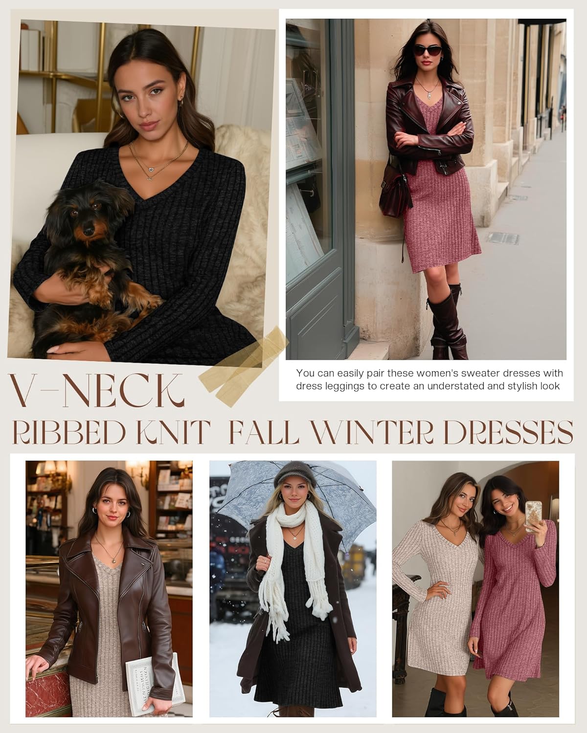 Riyiper 3 Pack Women's V Neck Long Sleeve Dresses, Knit Fall Winter Casual Loose Fit Tunic Sweater Dresses - Image 3