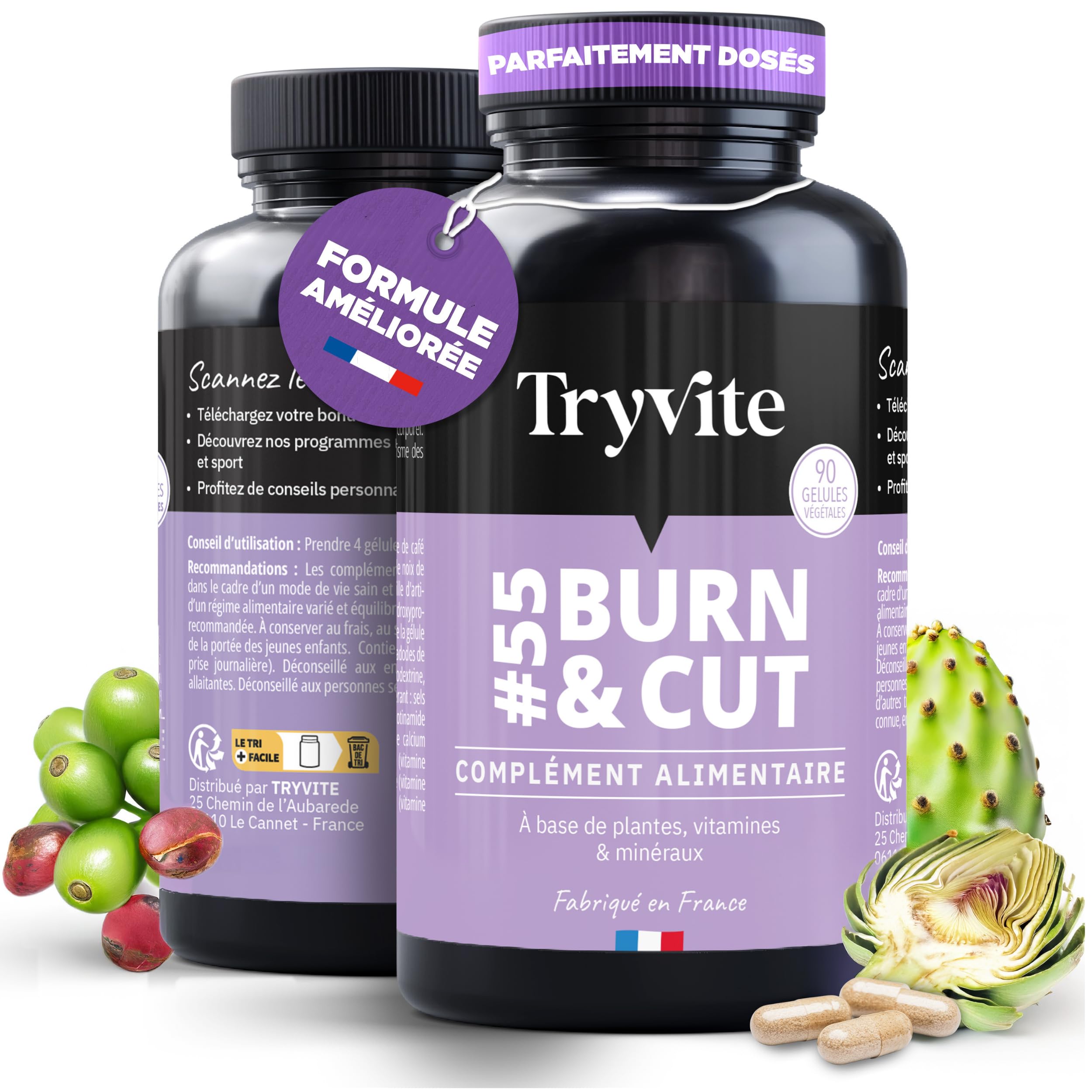 TRYVITE | Formule Silhouette, Satiété & Gestion des Portions | Café Vert, Cola, Artichaut & Nopal | 90 Gélules | Fabriqué en France