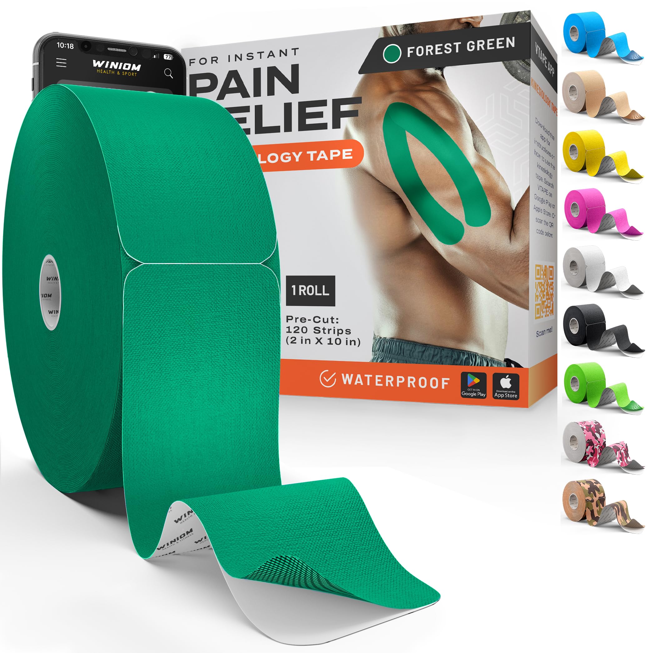 Kinesiology Tape - Waterproof Athletic Sports Tape for Knee, Shoulder, Arm &amp; Back Support | 3-5 Day Adhesion, Hypoallergenic &amp; Latex-Free + Taping Guide (Precut, 2"x100ft Roll, Forest Green)