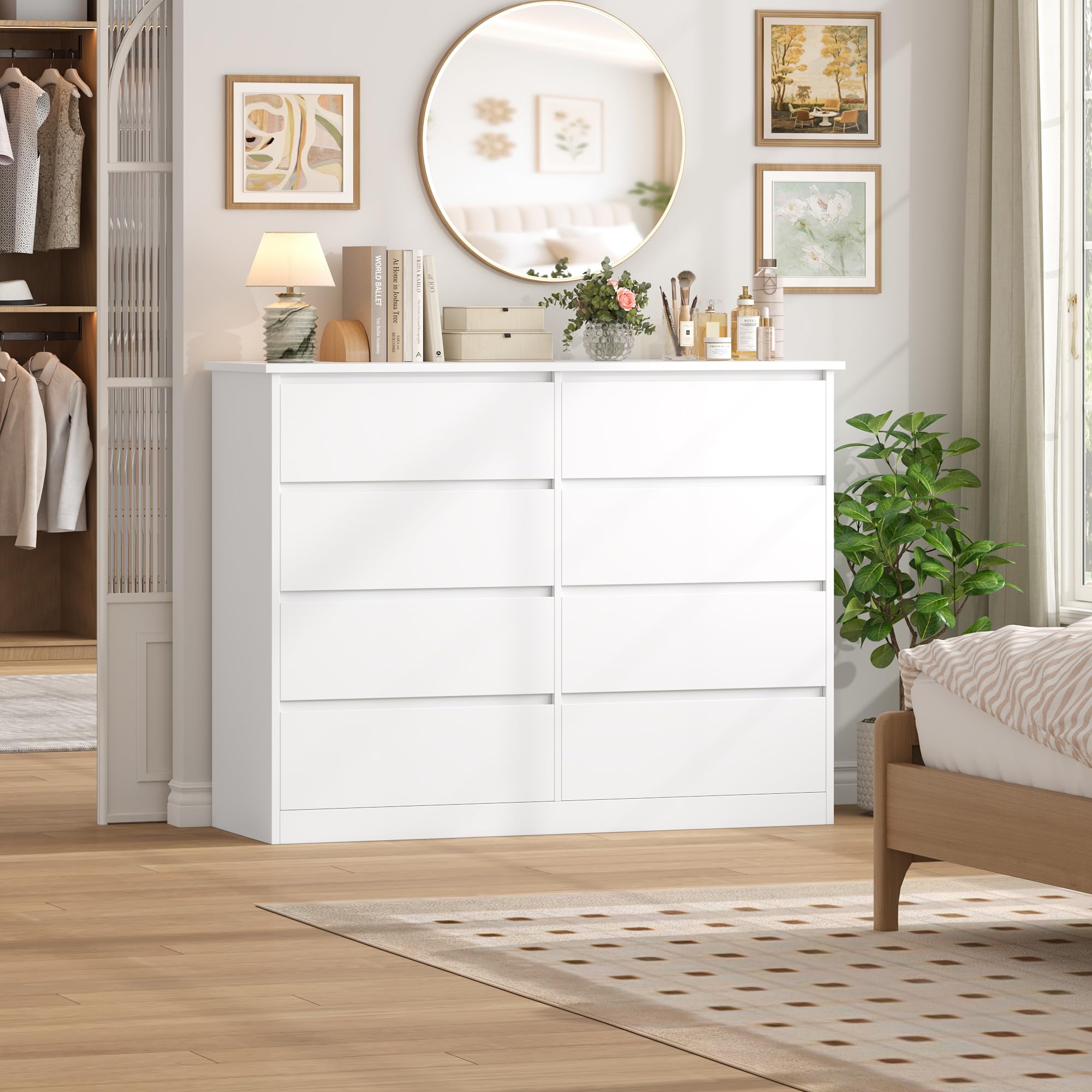 FOREHILL Comoda Dormitorio 8 Cajones 120 cm Cajonera Armario Interior Sinfonier Cómodas y Cajoneras Dormitorio Armario de Almacenamiento para el Salón Cómoda Moderna Blanco 120x39,5x96 cm