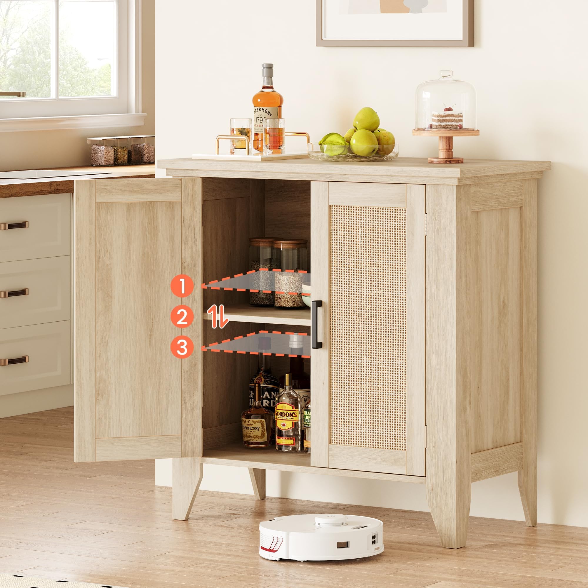 Garvee Aparador De Ratán, Mueble Auxiliar De Cocina Estrecho De Madera con Estante Ajustable, Organizador Rústico para Comedor, Salón y Espacios Pequeños, Madera Natural 80×40×83 cm