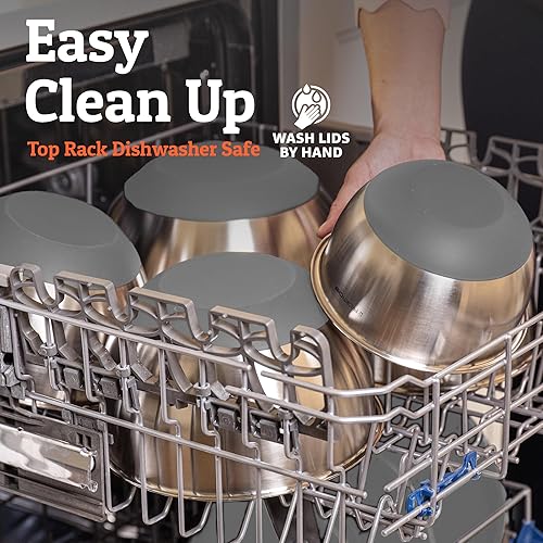 Miniatura 11 de PriorityChef Juego de 5 recipientes para mezclar con tapa, gran capacidad de 5 qt, de acero inoxidable, parte inferior de silicona antideslizante