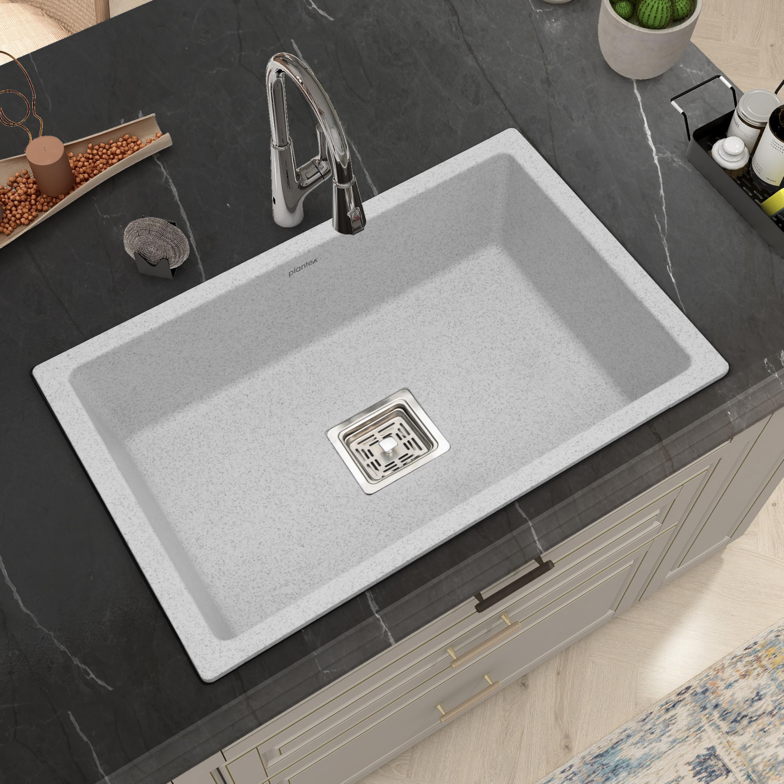 Quartz Sink for Kitchen/UV Protected Mosaic Grey Kitchen Sink/Granite Single Bowl Sink/Undermount/Topmount (Mosaic Grey-24x18 Inches)