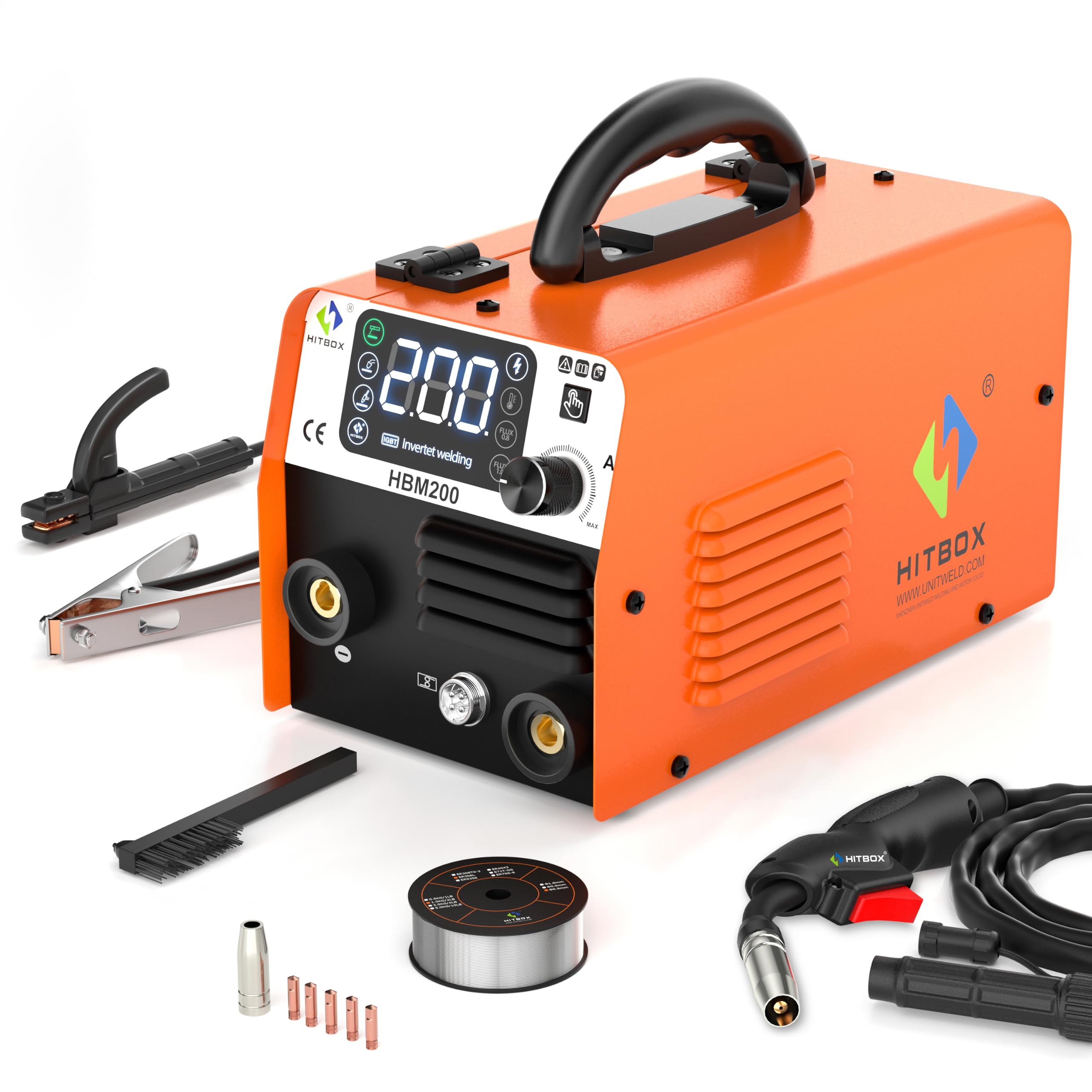 HITBOX HBM200 半自動溶接機 100V 200V兼用 1台3役 アーク溶接機 小型 家庭用溶接機 最大出力200A 薄板と板厚対応 ノンガスMIG/被覆アークMMA/LIFT TIG 溶接 定格使用率40% インバーター 溶接ワイヤー付き DIY 液晶ディスプレイ 車両メンテナンス アウトドア作業 初心者向け 軽量 溶接練習 日本語取扱説明書付き