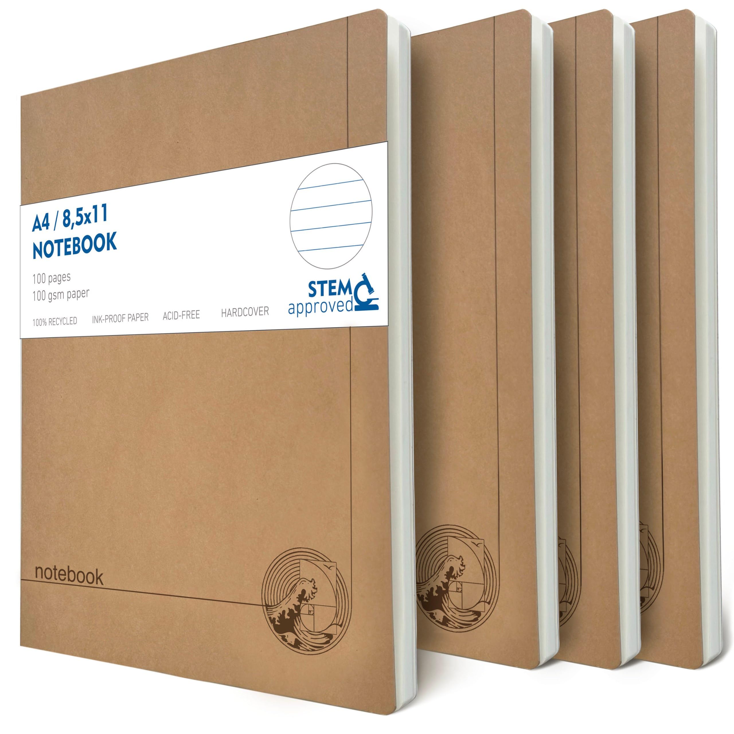 le vent Set di quaderni a righe formato A4 – Confezione da 4 diari a righe, 100 pagine, 100 g/m², distesi, ecologici, 8,5 x 11 cm, copertina rigida per scuola, ufficio e studenti