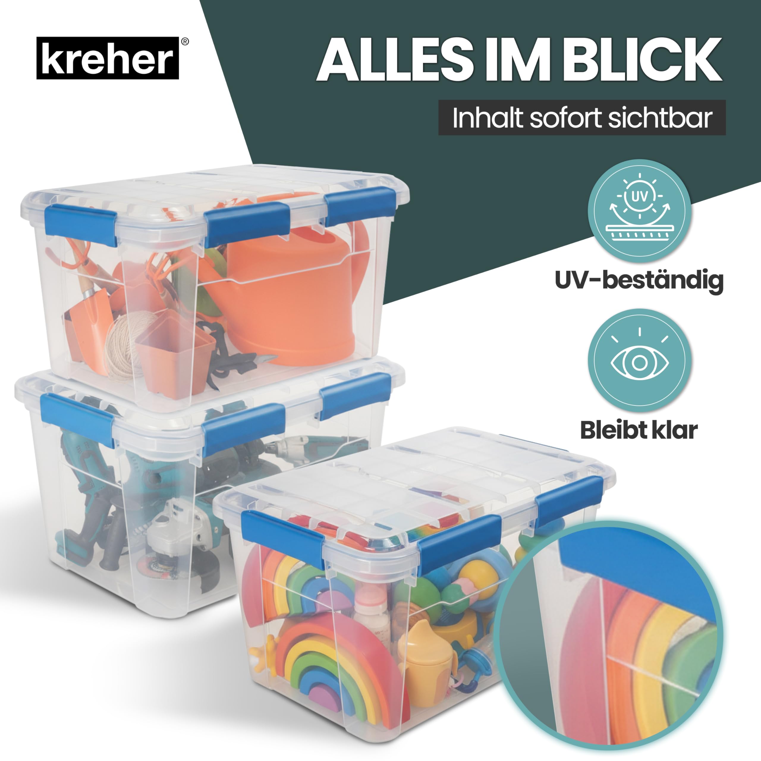 Kreher® Aufbewahrungsbox mit Deckel (50 Liter) – Wasserdichte Box stapelbar, Luftdichte Box BPA- & schadstofffrei, robuste Lagerboxen mit Silikondichtung, Kunstoffbox mit 6 Clips (2)