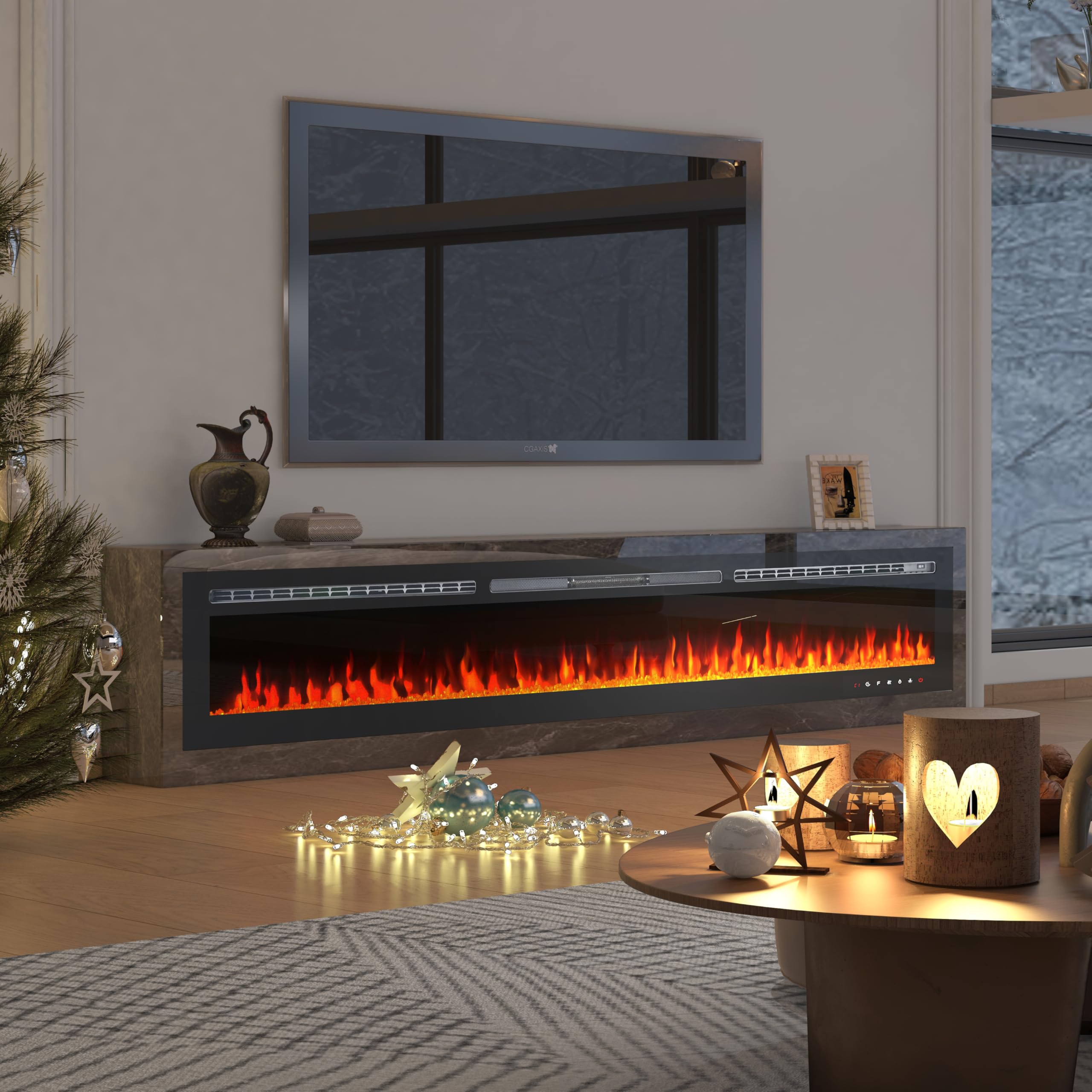 CharaVector 100 inch 750W/1500W Electric Fireplace Inserts with Remote Control in Wall Mounted, Energy Saving LED Insert Fireplace Heater Indoor Glass View with Remote Control & Touch Screen, Black