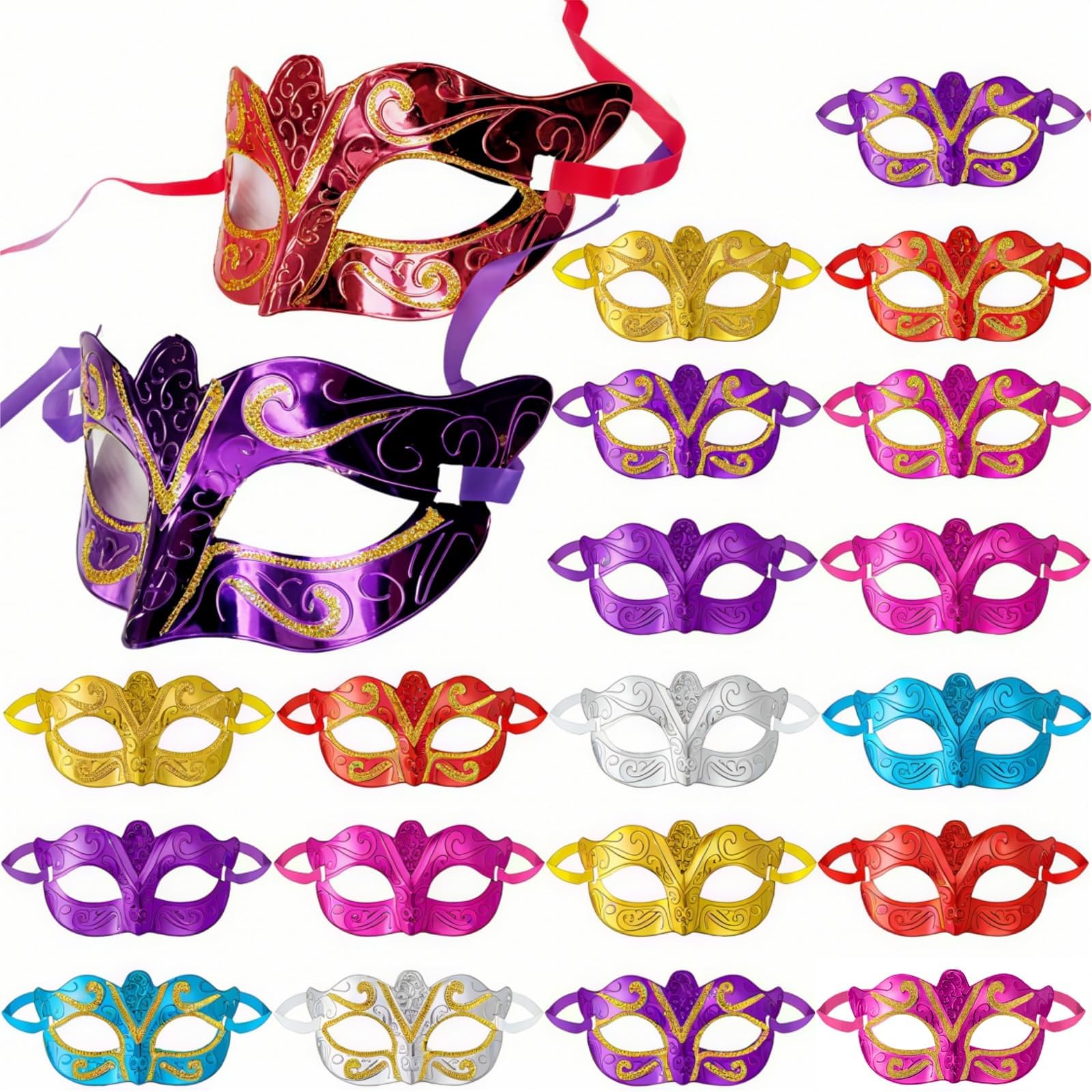 24 Pack Masquerade Mask, Multicolored Party Half Face Mask with Strap, Vintage Antique Halloween Mardi Gras Venetian Masks for Men Women Couple, Prom, Bar, Costume