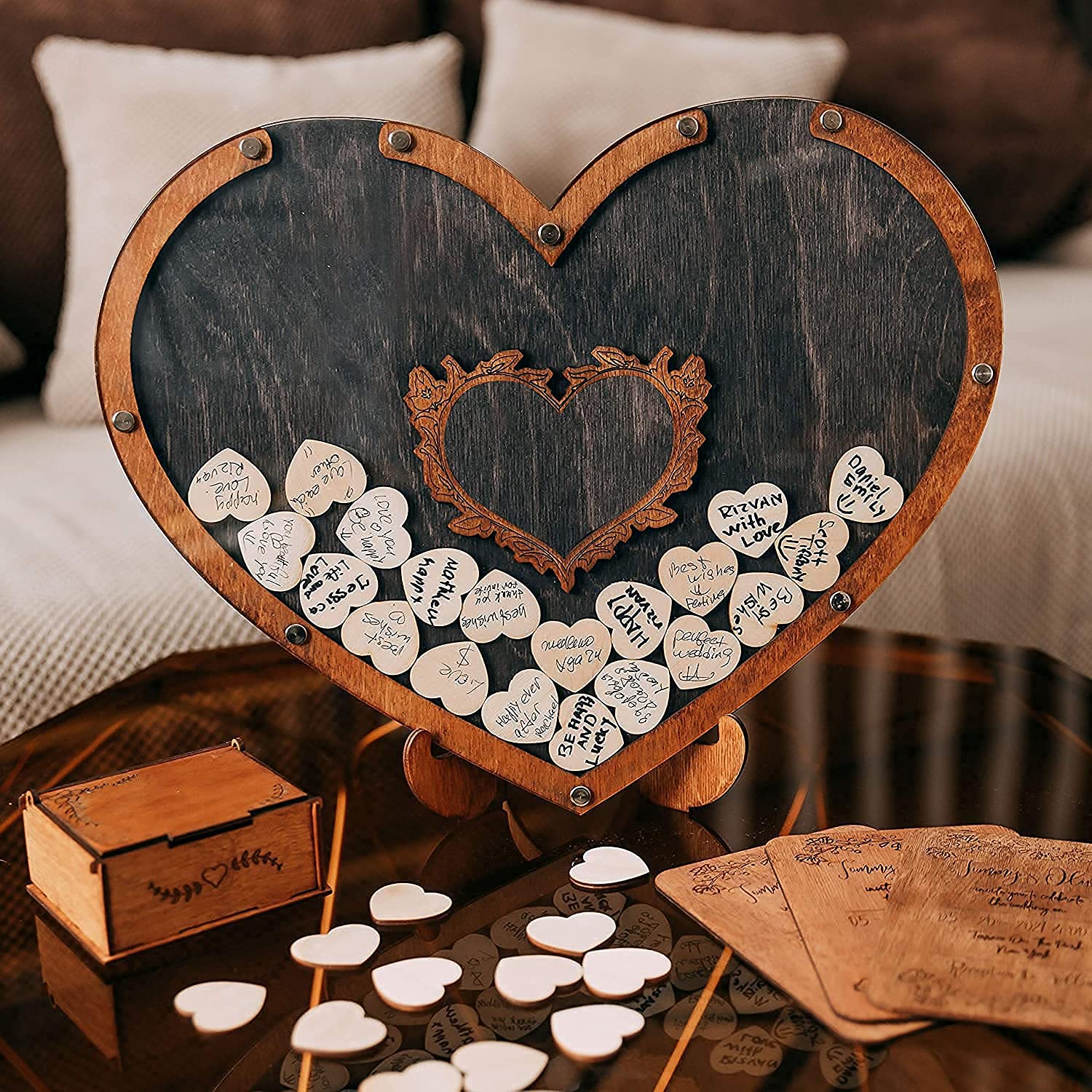 ARKIT Heart-shaped Wedding Guest Book Alternative with Stand, Ply Wood Wedding Sign Book Come with 60 Hearts, Storage Box and Guest Signature for Rustic Wedding Gift Anniversary ,Baby Shower