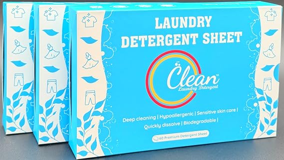 Clean Laundry DetergentTM Hypoallergenic, Eco-Friendly, Plant-Based, Biodegradable, 100% Natural Gentle on Skin & Fabrics, Fresh Scent, 60 Premium Detergent Sheet