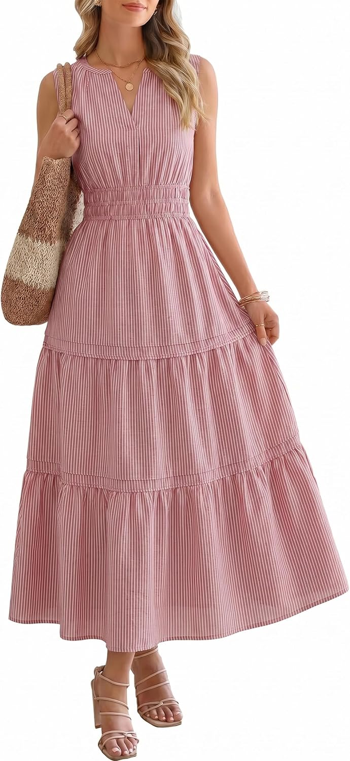 BerryGo Womens Summer Striped Maxi Dress Sleeveless Casual Empire Waist Flowy Beach Vacation Sundresses with Pocket 2026