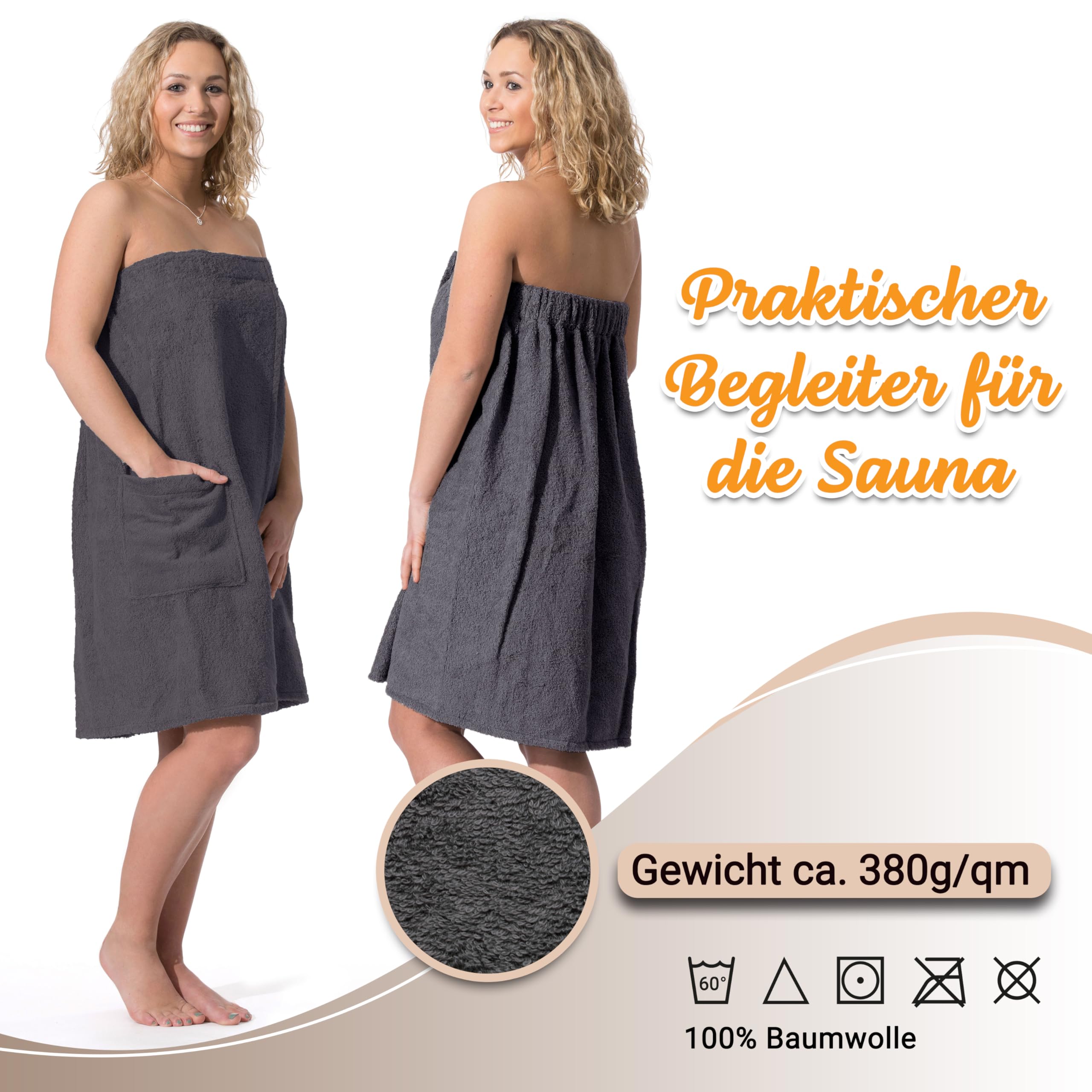 ZOLLNER Damensaunakilt in grau - hautfreundlich und saugstark - Baumwolle - mit Gummizug und Klettverschluss - Größe S/M - waschbar bis 60°C - Oeko Tex® zertifiziert