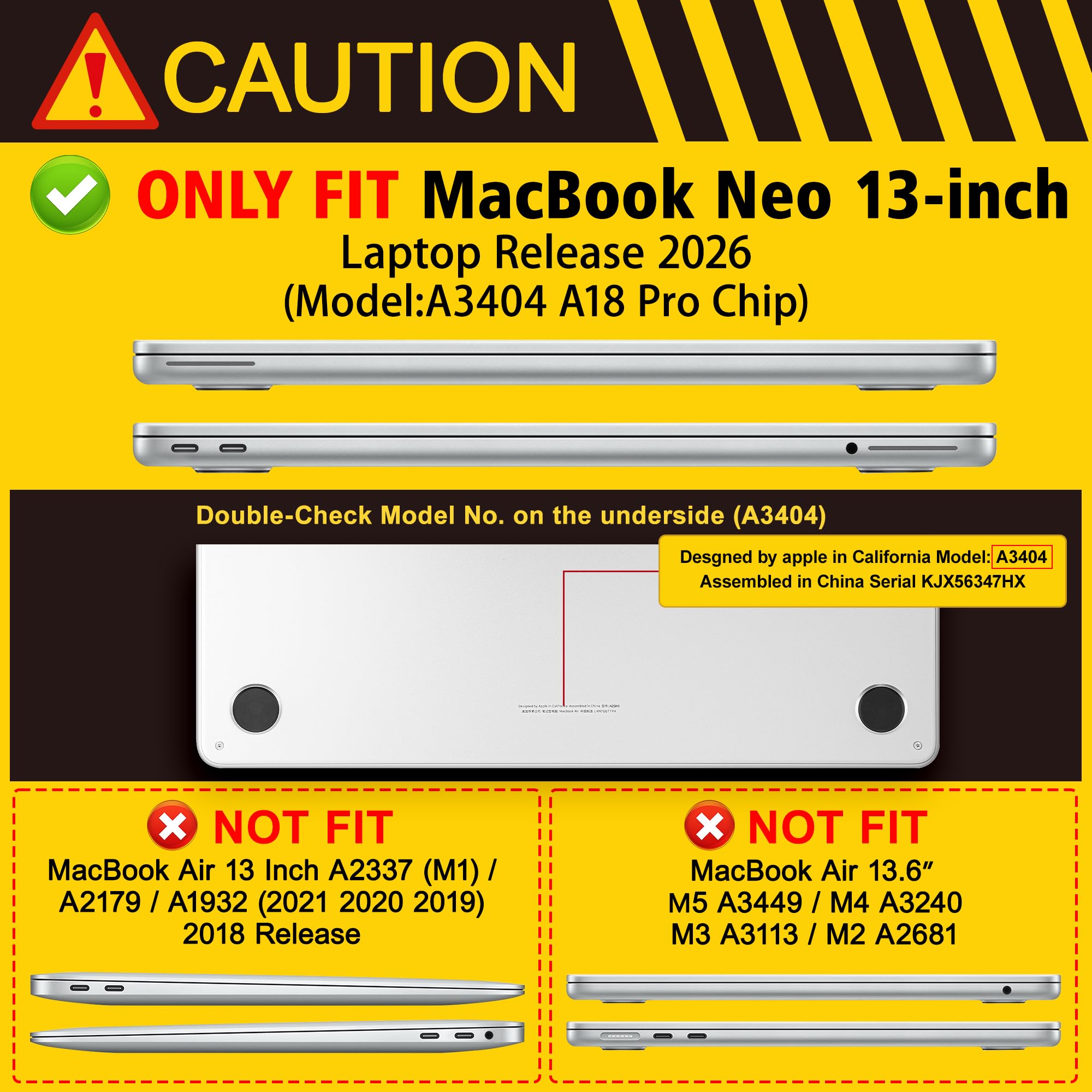 Custodia per MacBook Neo 2026 da 13 pollici con display Retina liquido, modello A3404, custodia rigida in plastica robusta + copertura per tastiera + pellicola trackpad + tappo antipolvere