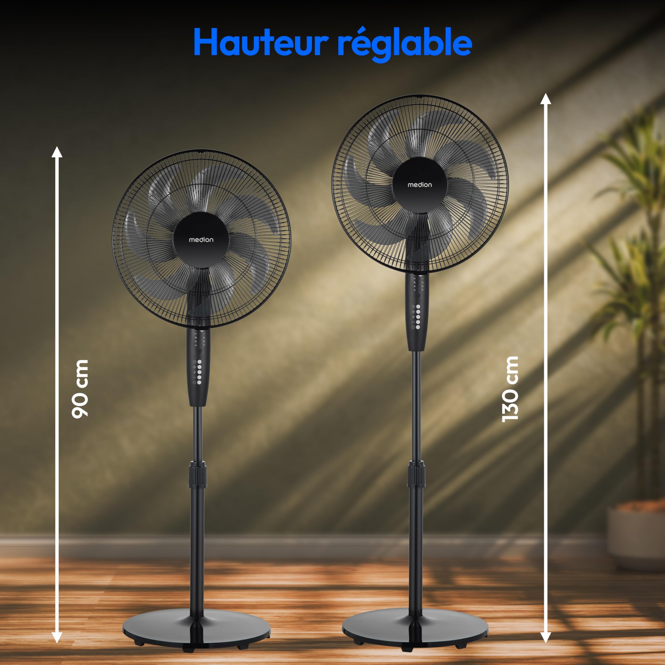 MEDION P21 SF Ventilateur sur pied avec télécommande (silencieux, 3 modes nuit nature oscillation, 3 vitesses, hauteur réglable jusqu’à 130 cm, oscillation, minuterie, MD12069) noir