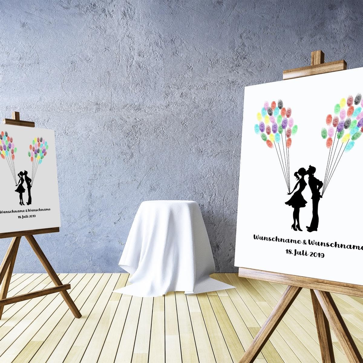 Madyes Tela Matrimonio impronte digitali Libro degli ospiti personalizzato Albero Bacio per la coppia di sposi come regalo, decorazione matrimonio, nome con data. 50 x 50 cm grande su telaio in legno