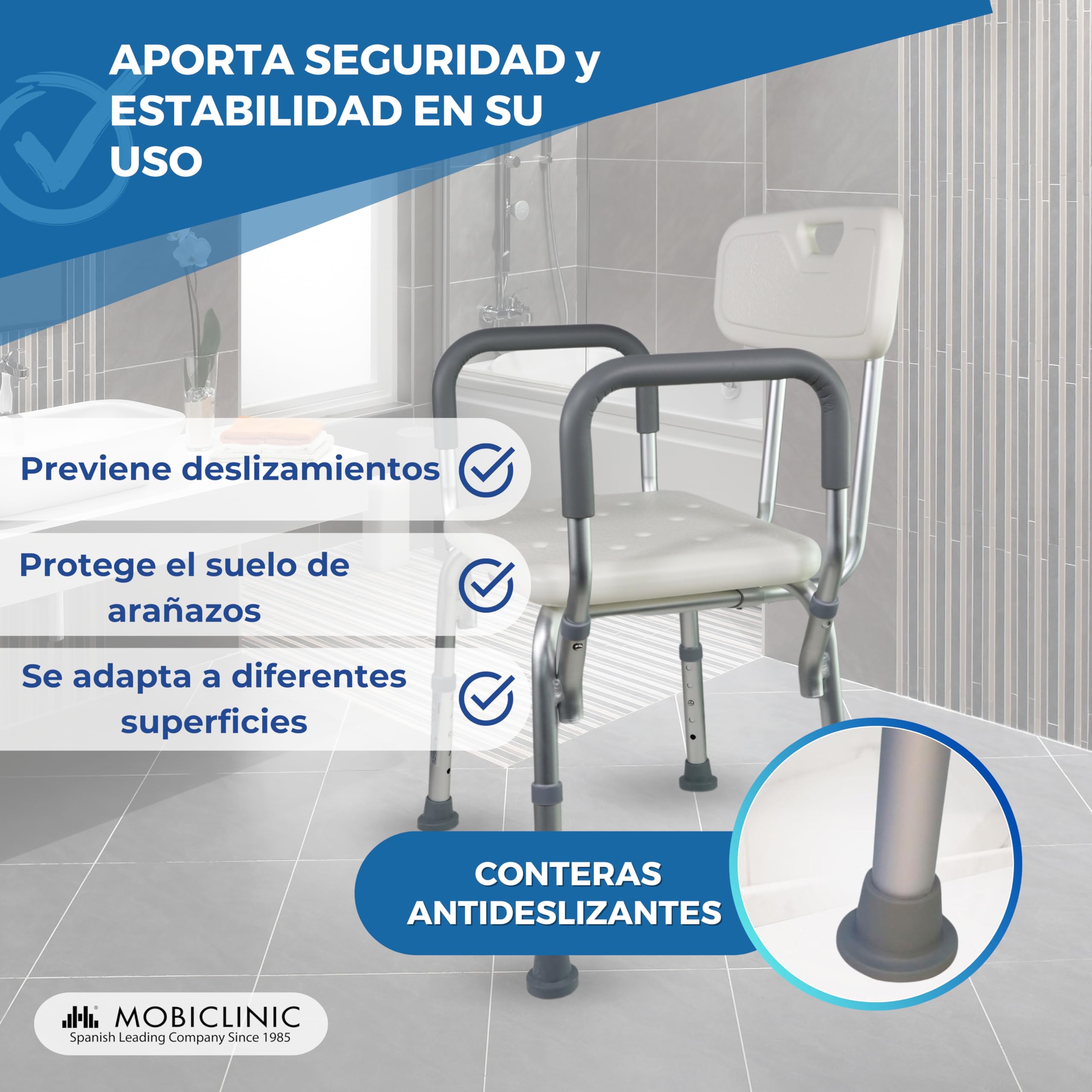 Mobiclinic, Silla de Ducha con Respaldo, Baño, para Adultos, Puerto, Marca española, Ortopédica, Antideslizante, Altura Regulable, Ayuda Ancianos y discapacitados, WC, Ergonómica