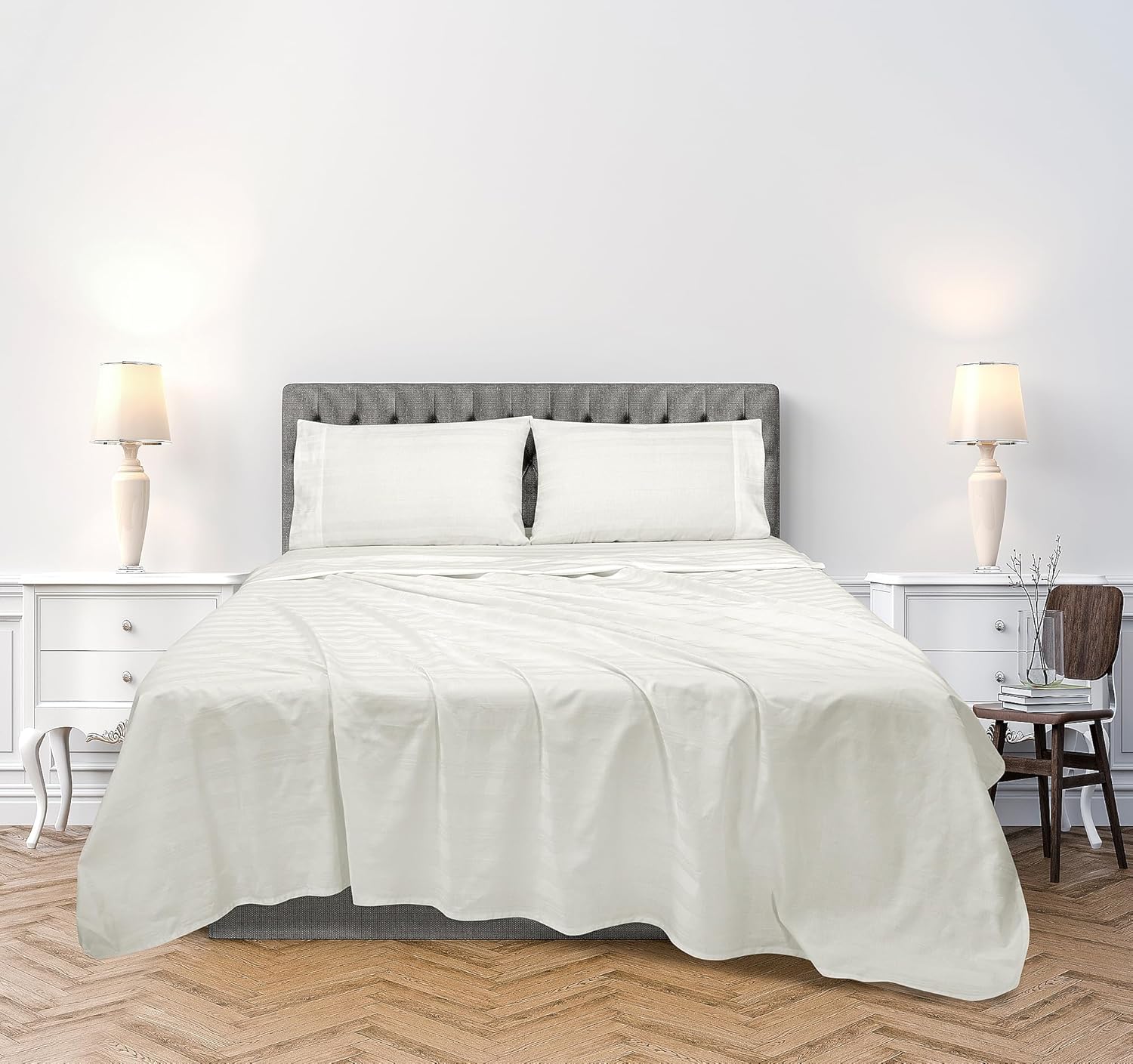 royale linens 300 thread count 100% long staple combed cotton striped sheet set - 4 piece full bed sheets - 1 fitted, 1 flat, 2 pillow cases -soft cool & crisp sheet set (full, multi stripe white) multi stripe white full