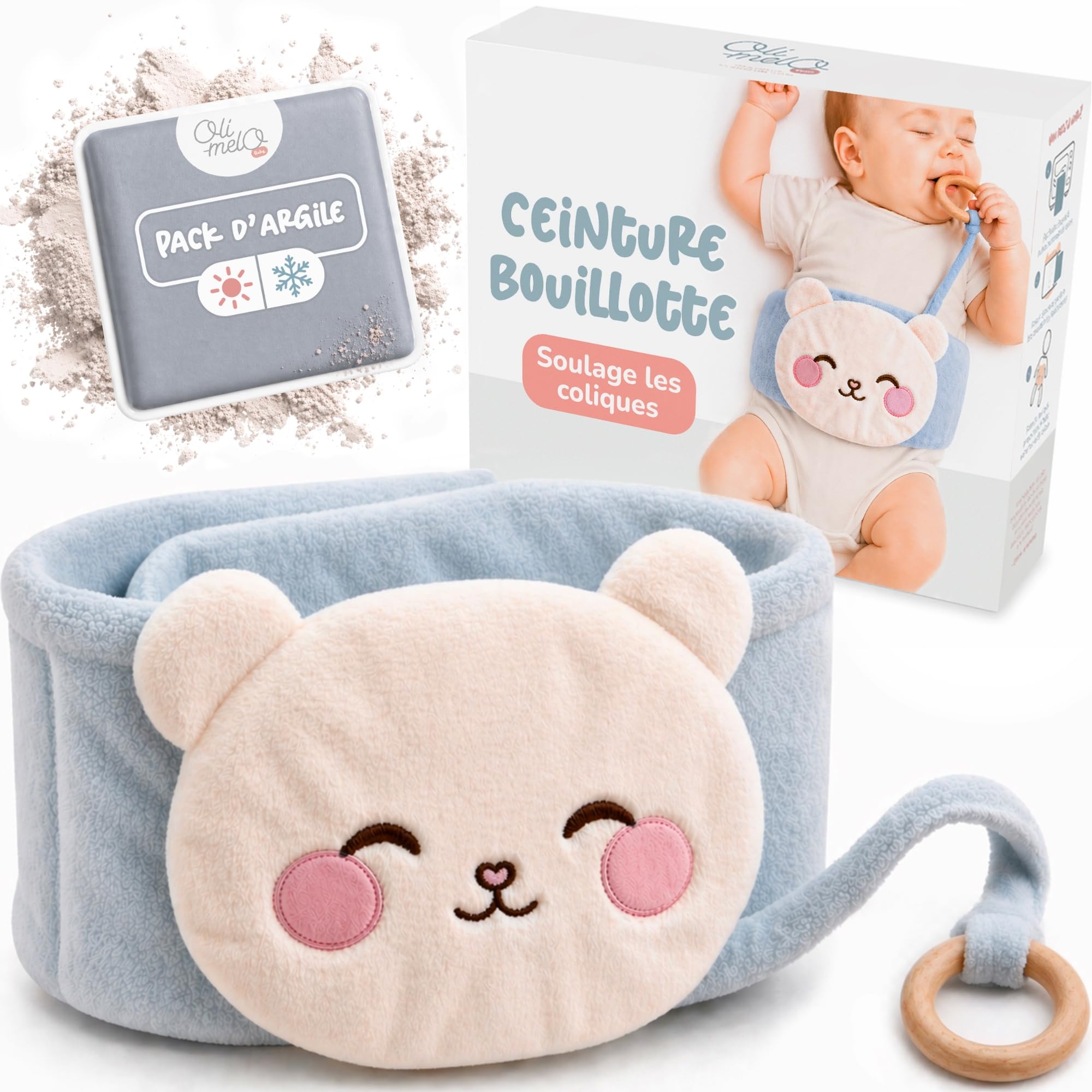 Bouillotte Bébé Anti Colique - Chaud & Froid - Soulage Ballonnements - Pack d'Argile certifié CE naturel - Anneau de Dentition Inclus Ceinture Doudou en Peluche, Nourrisson et Nouveau-né