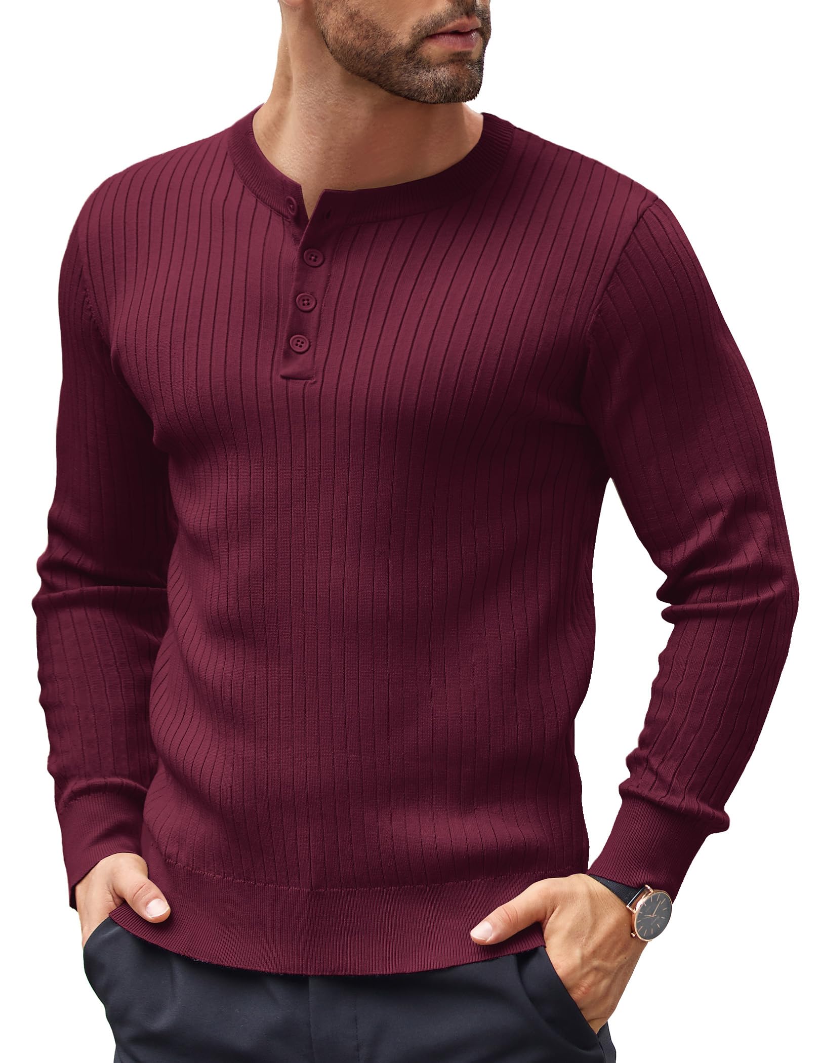 COOFANDY Herren Pullover Henley Shirt Strickpullover mit Knopfleiste Männer Langarmshirt Pulli Slim Fit