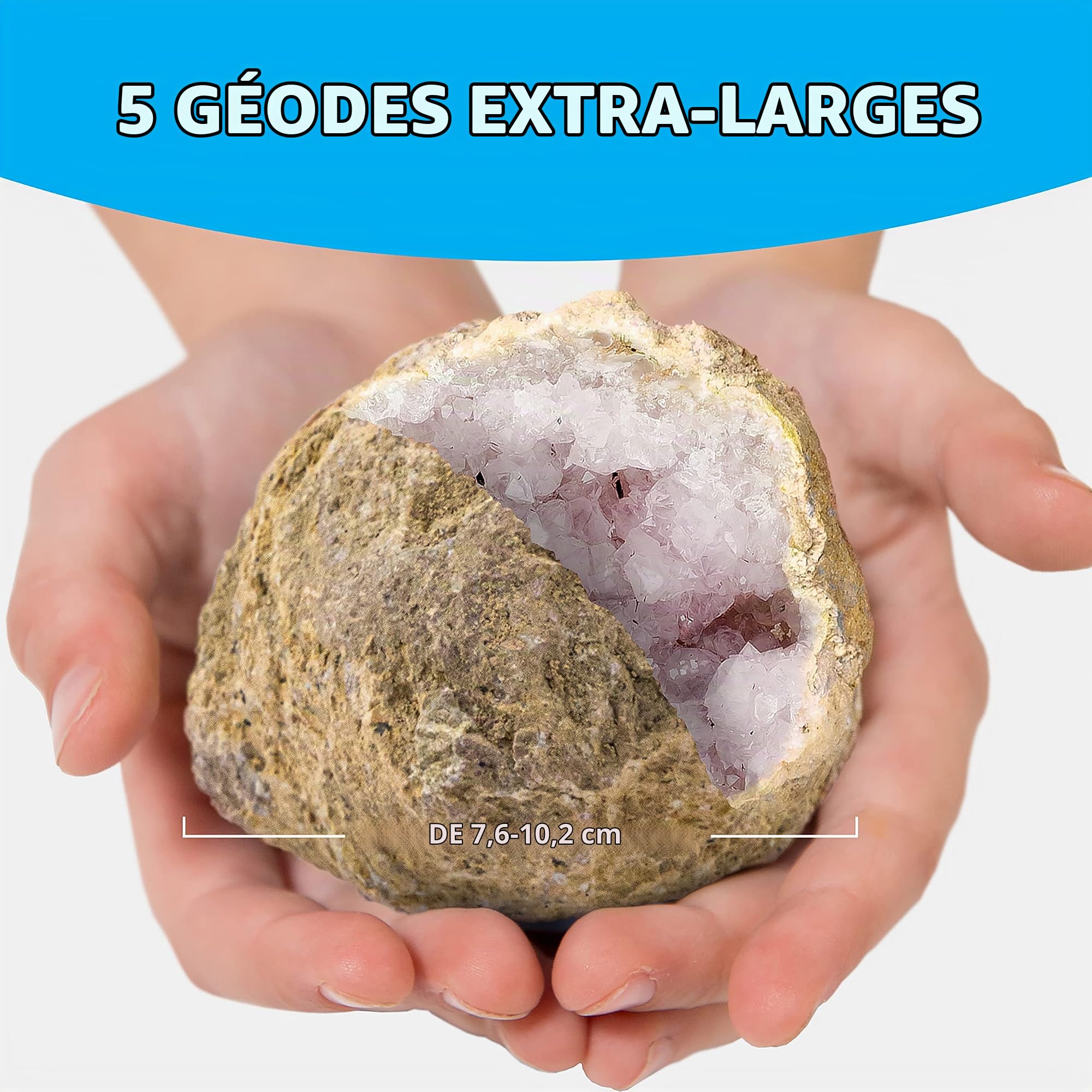 NATIONAL GEOGRAPHIC Ouvrir 5 Géodes Géantes - Kit de Sciences de la Terre Muni de 5 Géodes Extra-Larges de Qualité Supérieure avec Cristaux, Lunettes, Guide d'apprentissage et Présentoirs, STEM