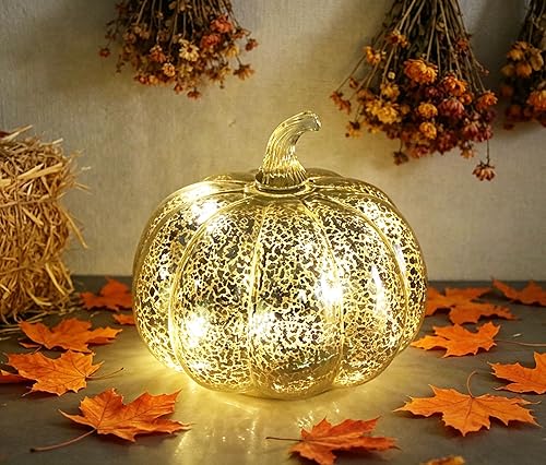 Miniatura 4 de Decoraciones de otoño para el hogar, luces de calabaza de cristal de mercurio con temporizador, lámpara de calabaza LED a pilas, calabazas de vidrio
